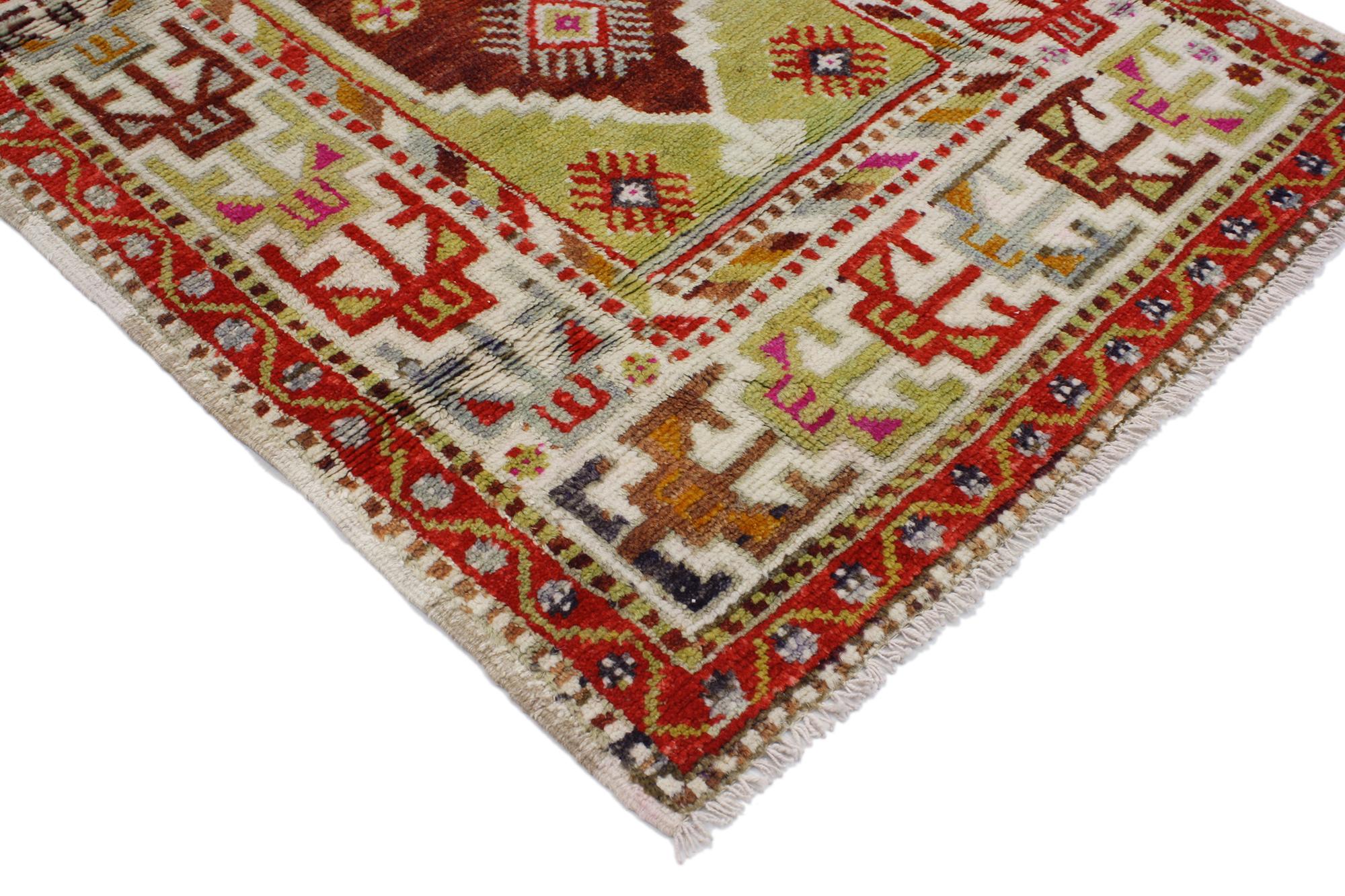 51752, Vintage Turkish Oushak Rug with Bohemian Tribal Style 02'08 x 05'03.?? This vintage Turkish Oushak rug features a modern Art Deco style. Immersed in Anatolian history and refined colors, this vintage Oushak rug combines simplicity with