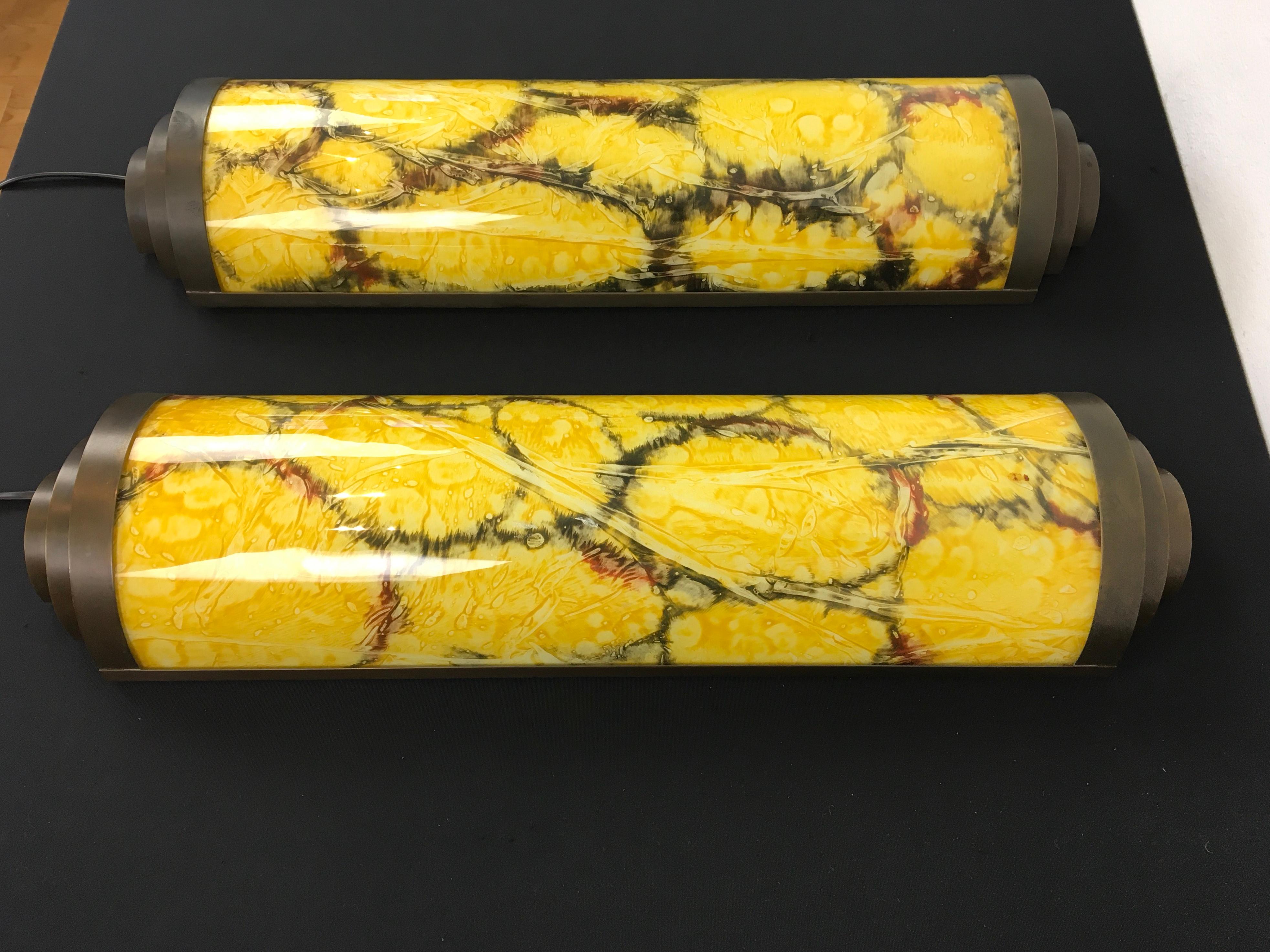 European Art Deco Style Wall Scones Marbled Yellow Glass 