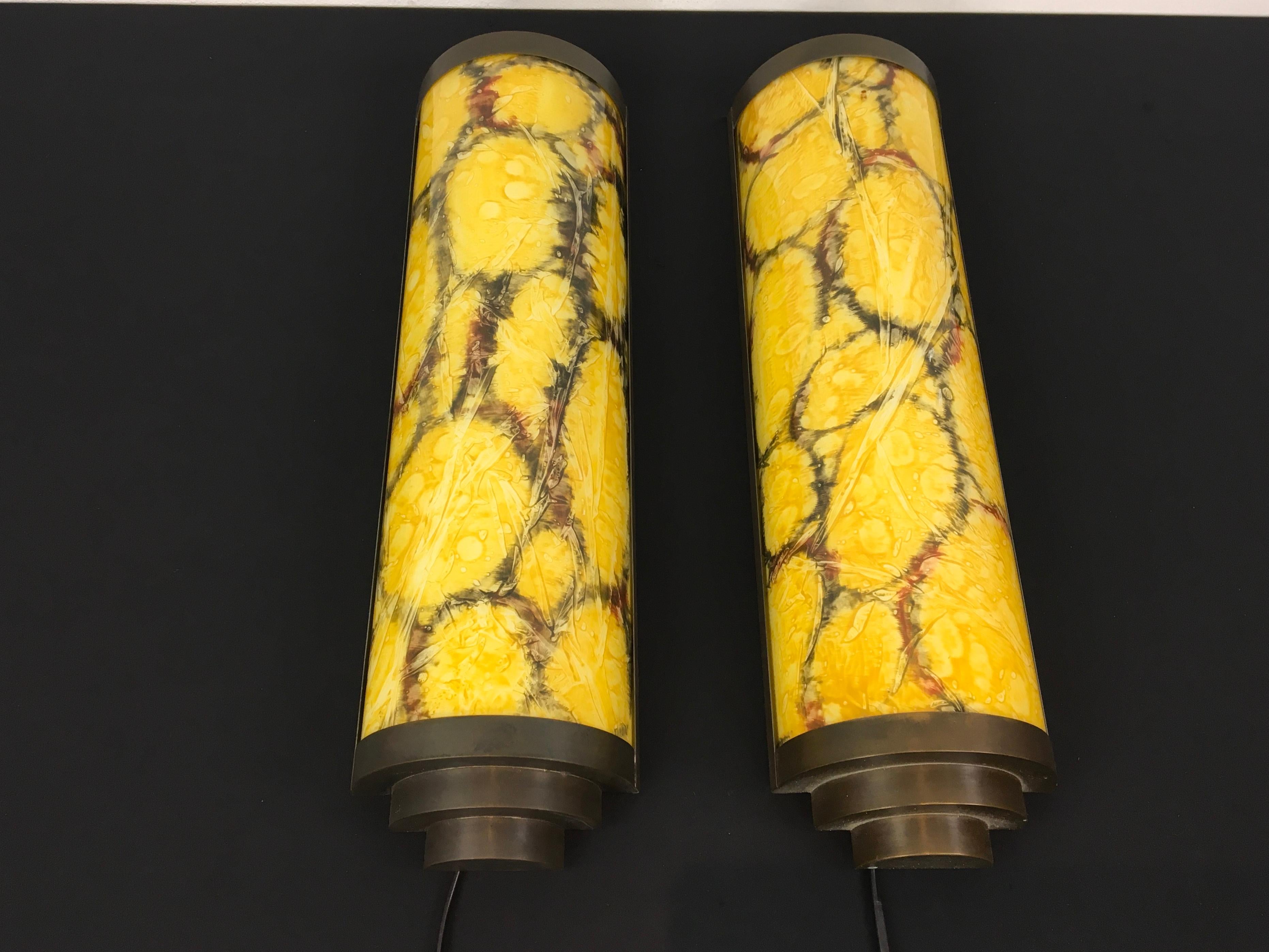 20th Century Art Deco Style Wall Scones Marbled Yellow Glass 