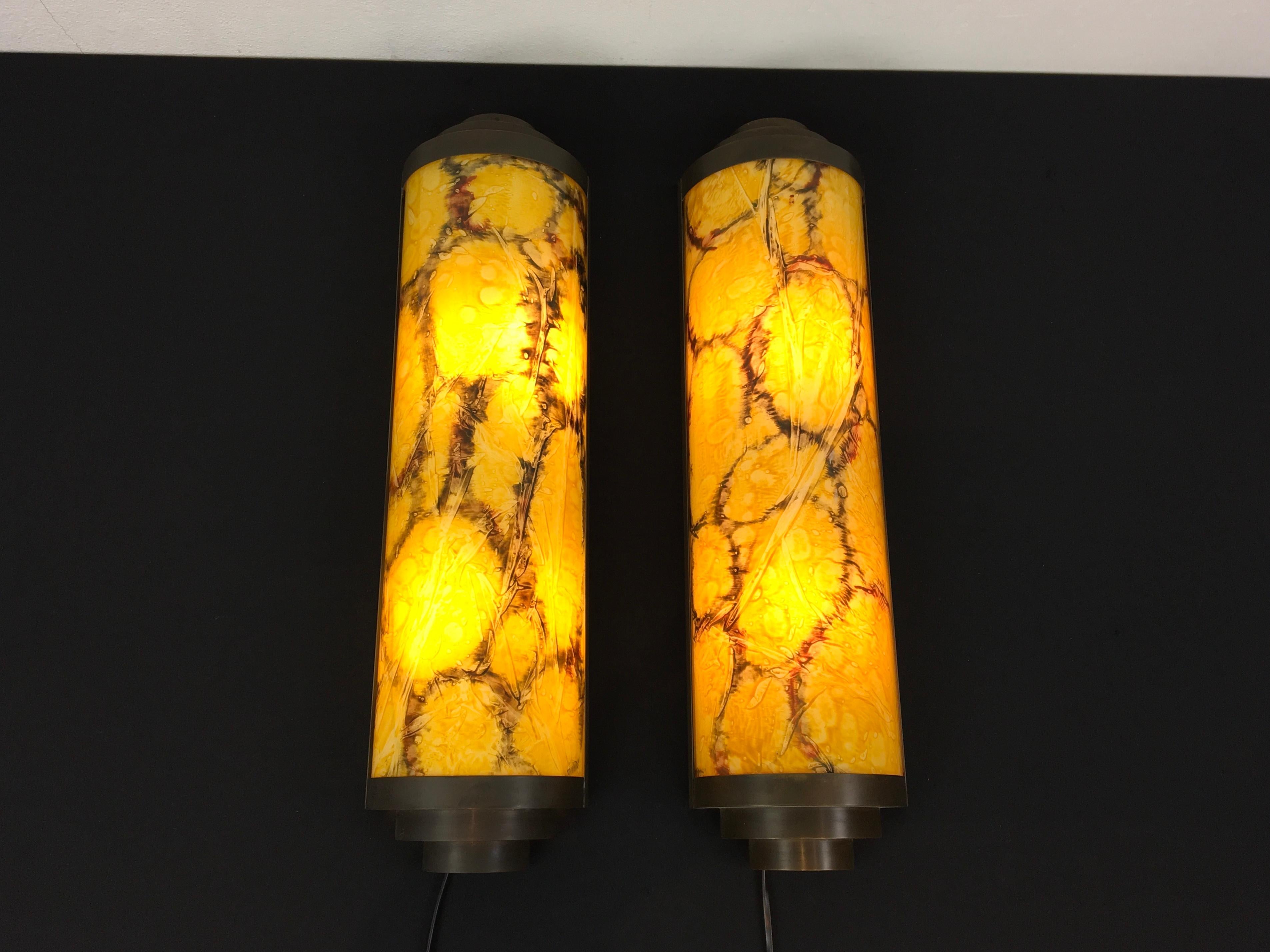 Metal Art Deco Style Wall Scones Marbled Yellow Glass 