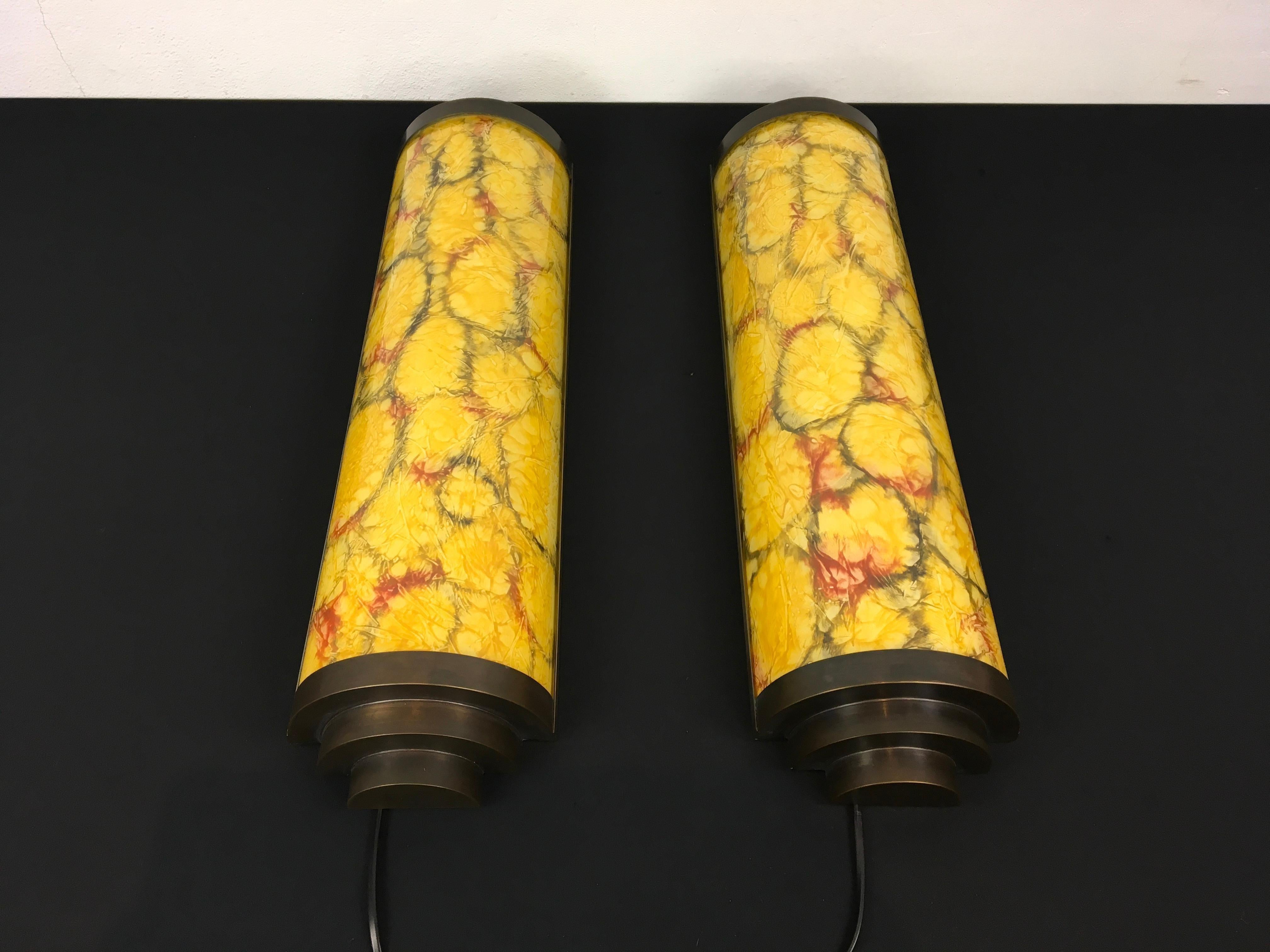 European Art Deco Style Wall Scones Yellow Marbled Glass 