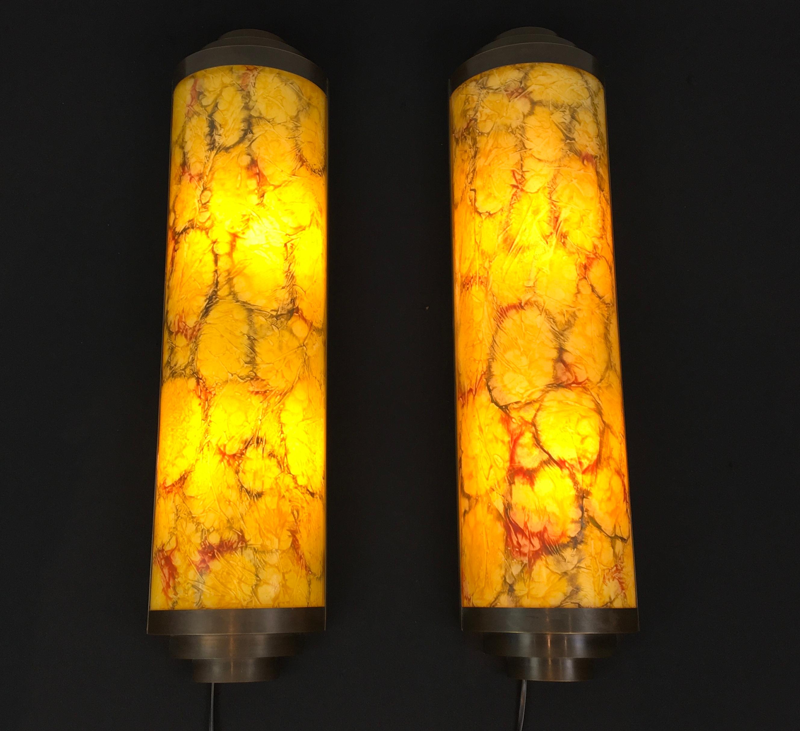 Art Deco Style Wall Scones Yellow Marbled Glass  3