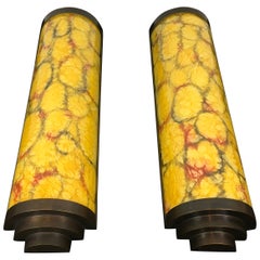 Art Deco Style Wall Scones Yellow Marbled Glass