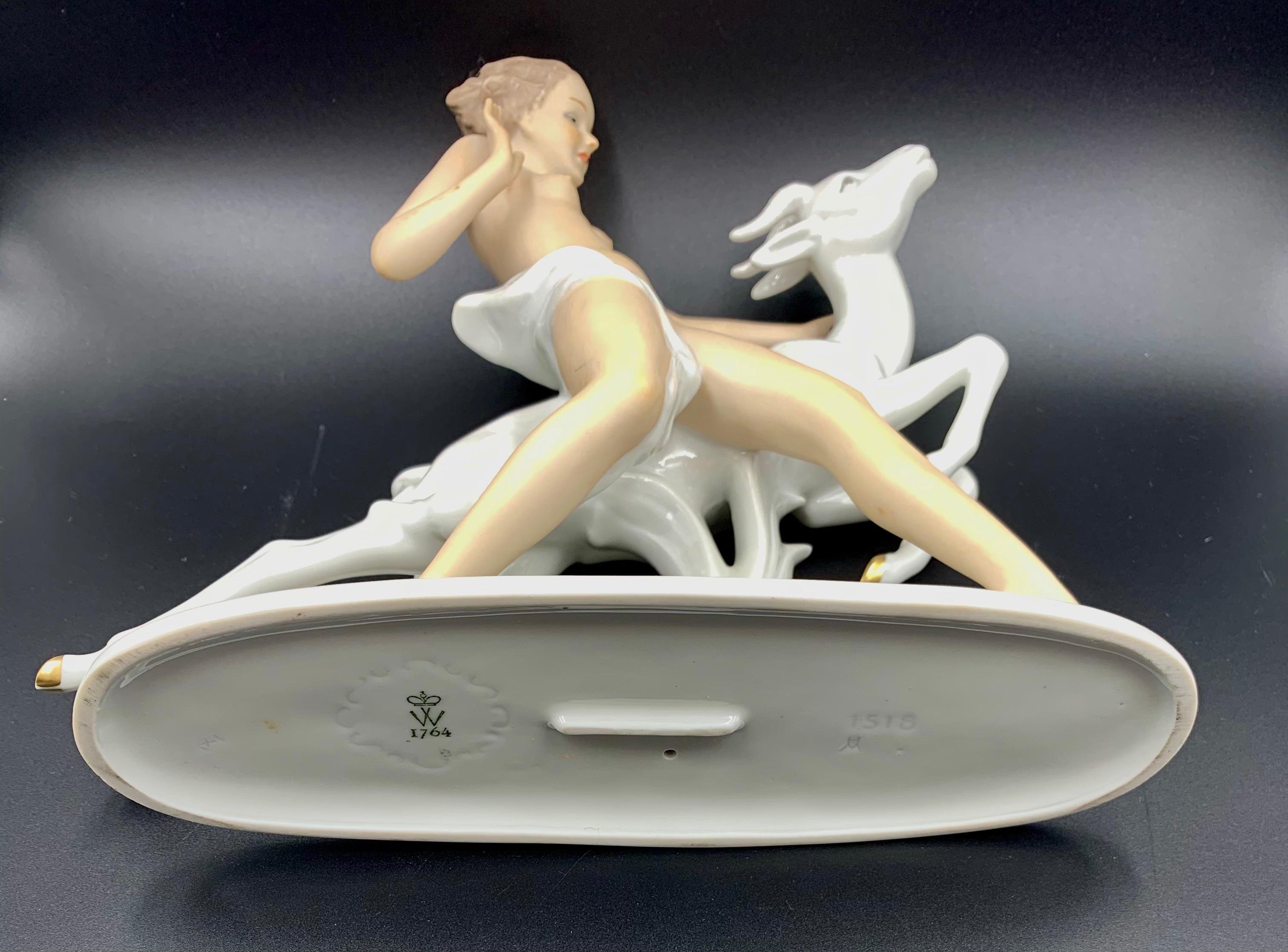 German Art Deco Style Wallendorf Porcelain Nude Girl With Rearing Gazelle For Sale