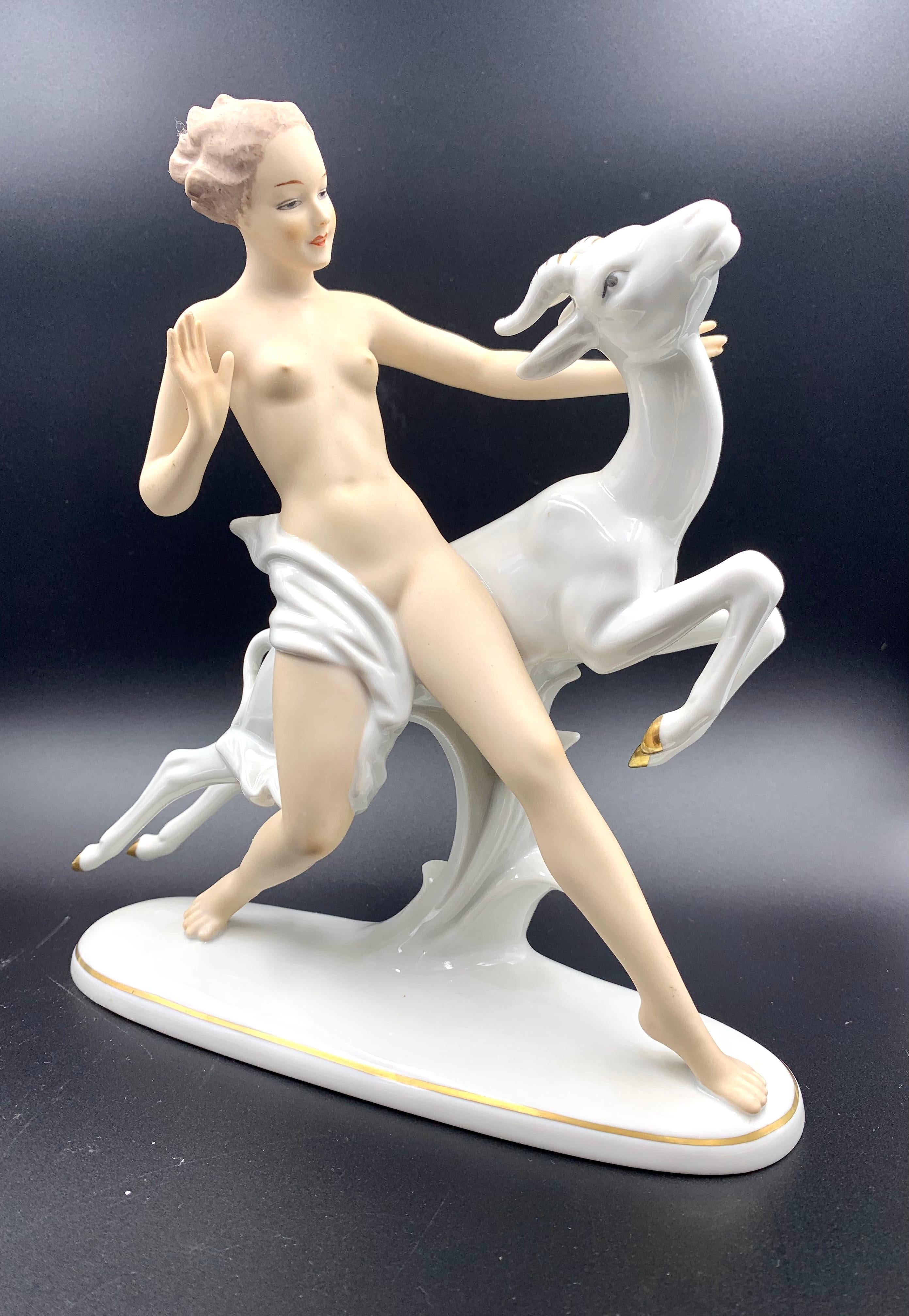 Art Deco Style Wallendorf Porcelain Nude Girl With Rearing Gazelle In Good Condition For Sale In Miami Beach, FL