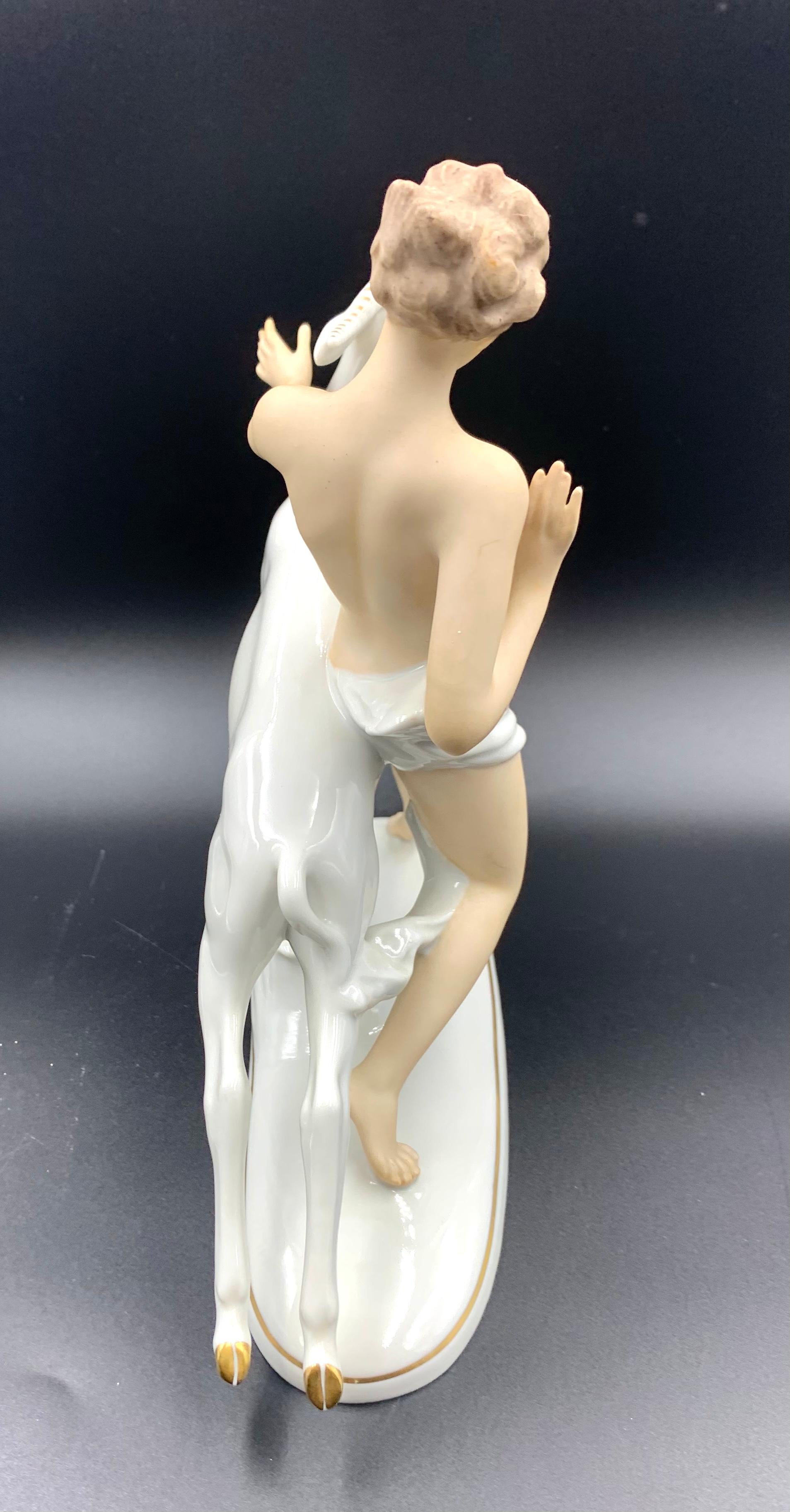 Mid-20th Century Art Deco Style Wallendorf Porcelain Nude Girl With Rearing Gazelle For Sale