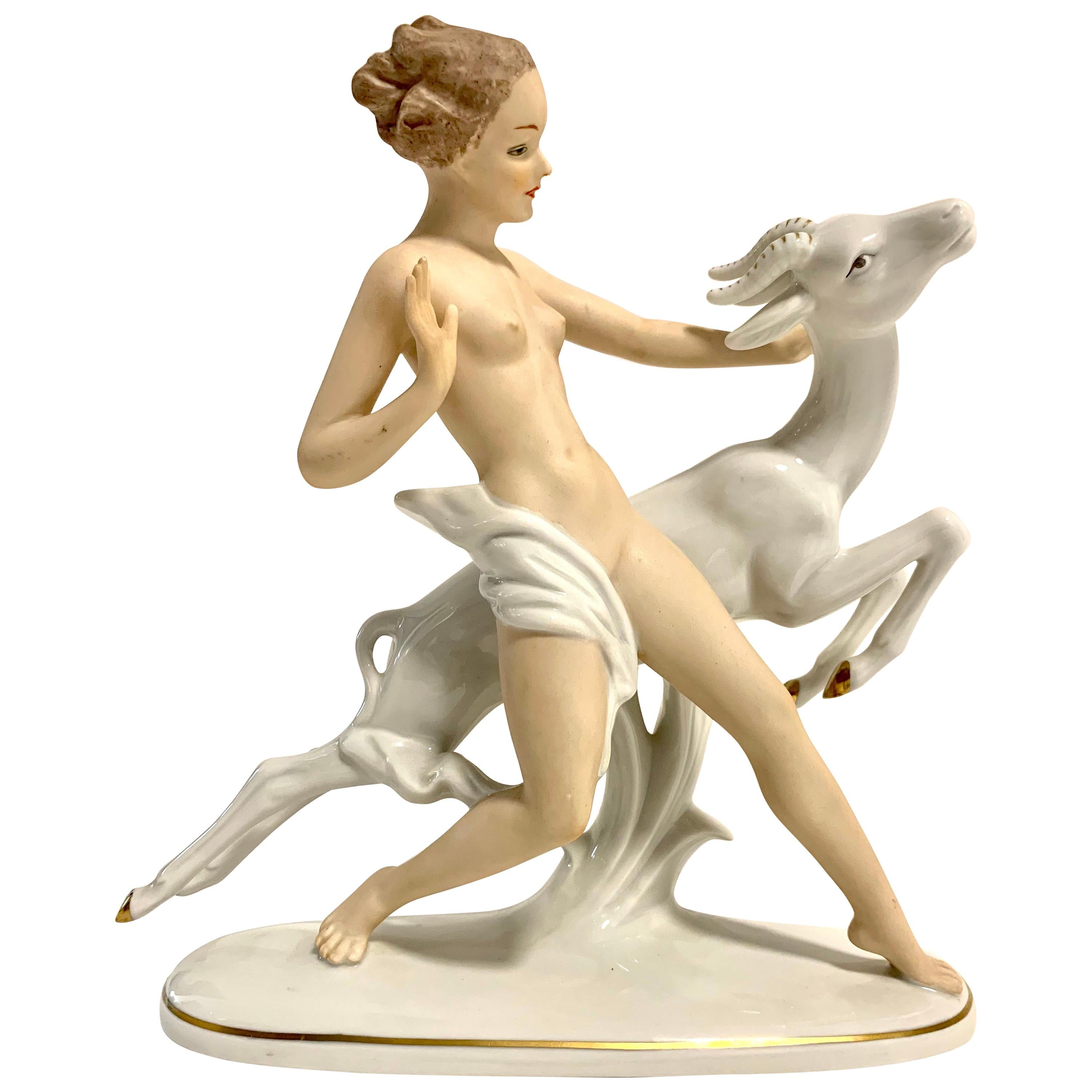 Art Deco Style Wallendorf Porcelain Nude Girl With Rearing Gazelle For Sale