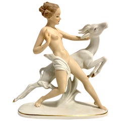 Art Deco Style Wallendorf Porcelain Nude Girl With Rearing Gazelle