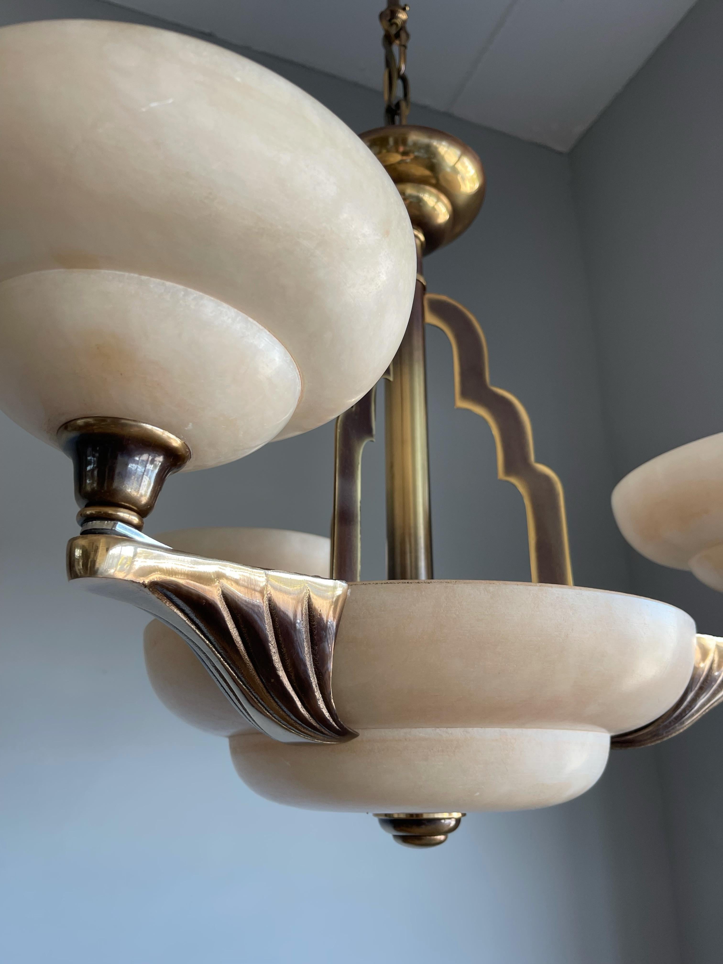 Art Deco Style White Alabaster & Gold Color Coated Bronze & Brass Pendant Light  4