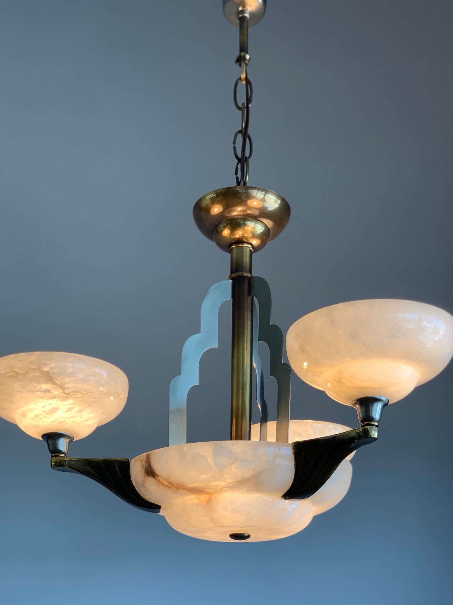 Art Deco Style White Alabaster & Gold Color Coated Bronze & Brass Pendant Light  7