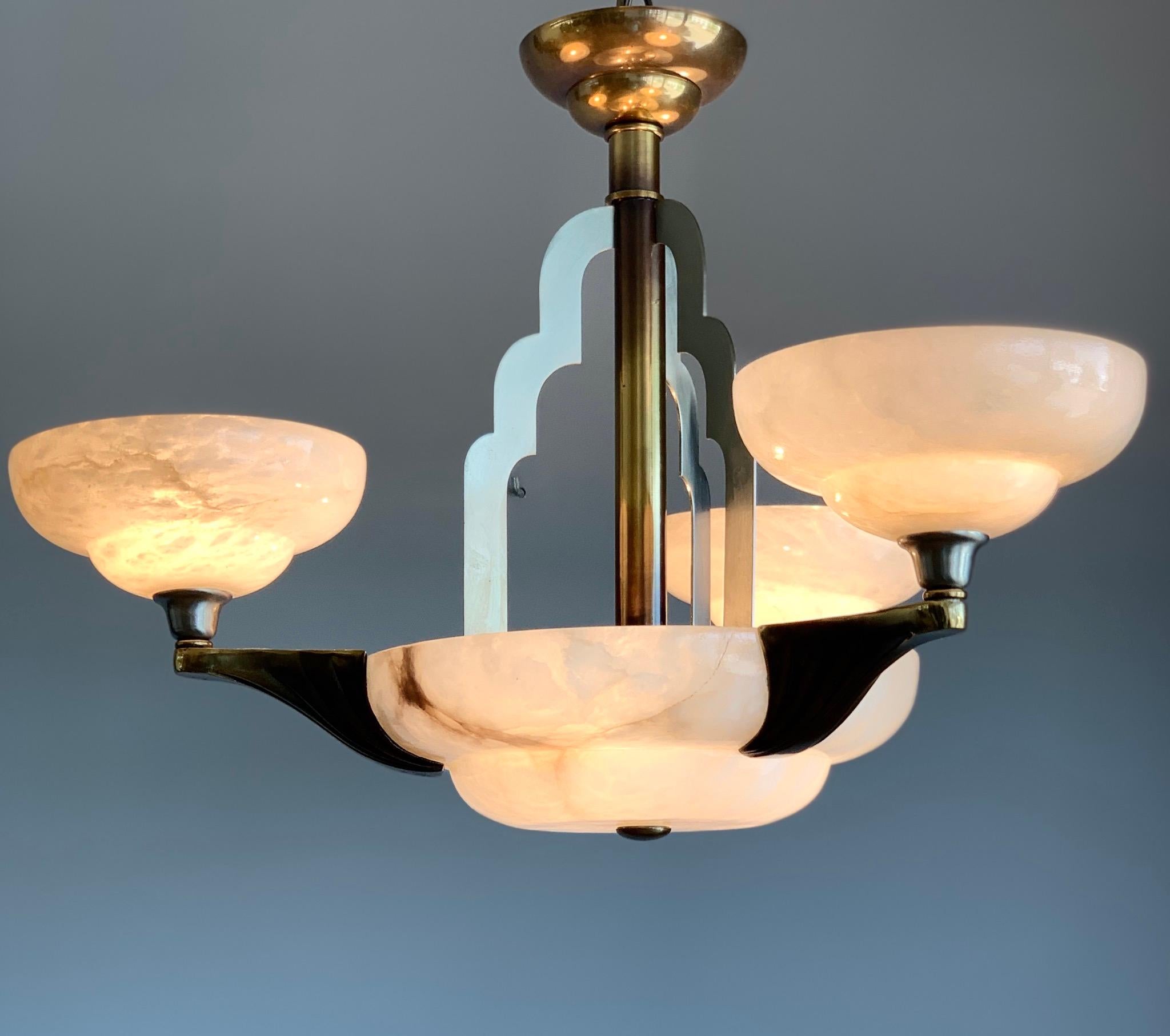 Art Deco Style White Alabaster & Gold Color Coated Bronze & Brass Pendant Light  8