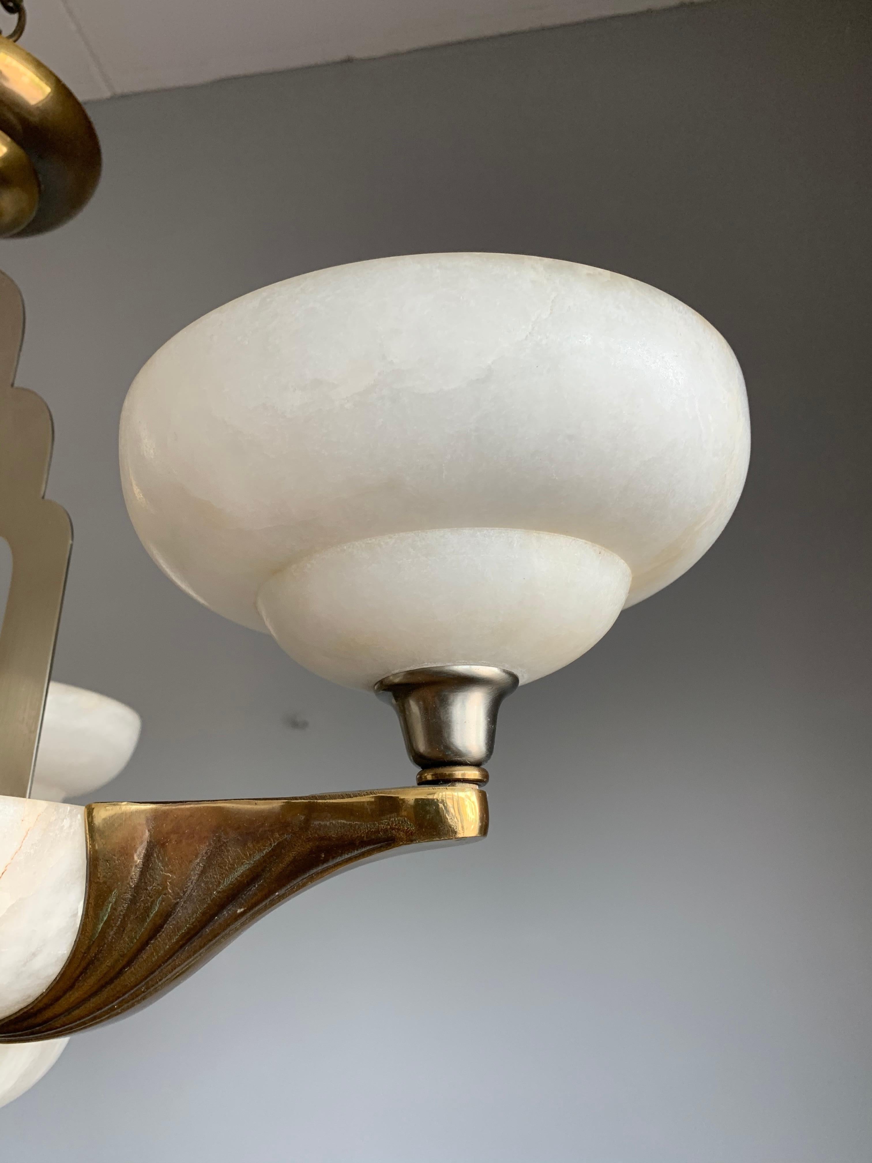 Polished Art Deco Style White Alabaster & Gold Color Coated Bronze & Brass Pendant Light 
