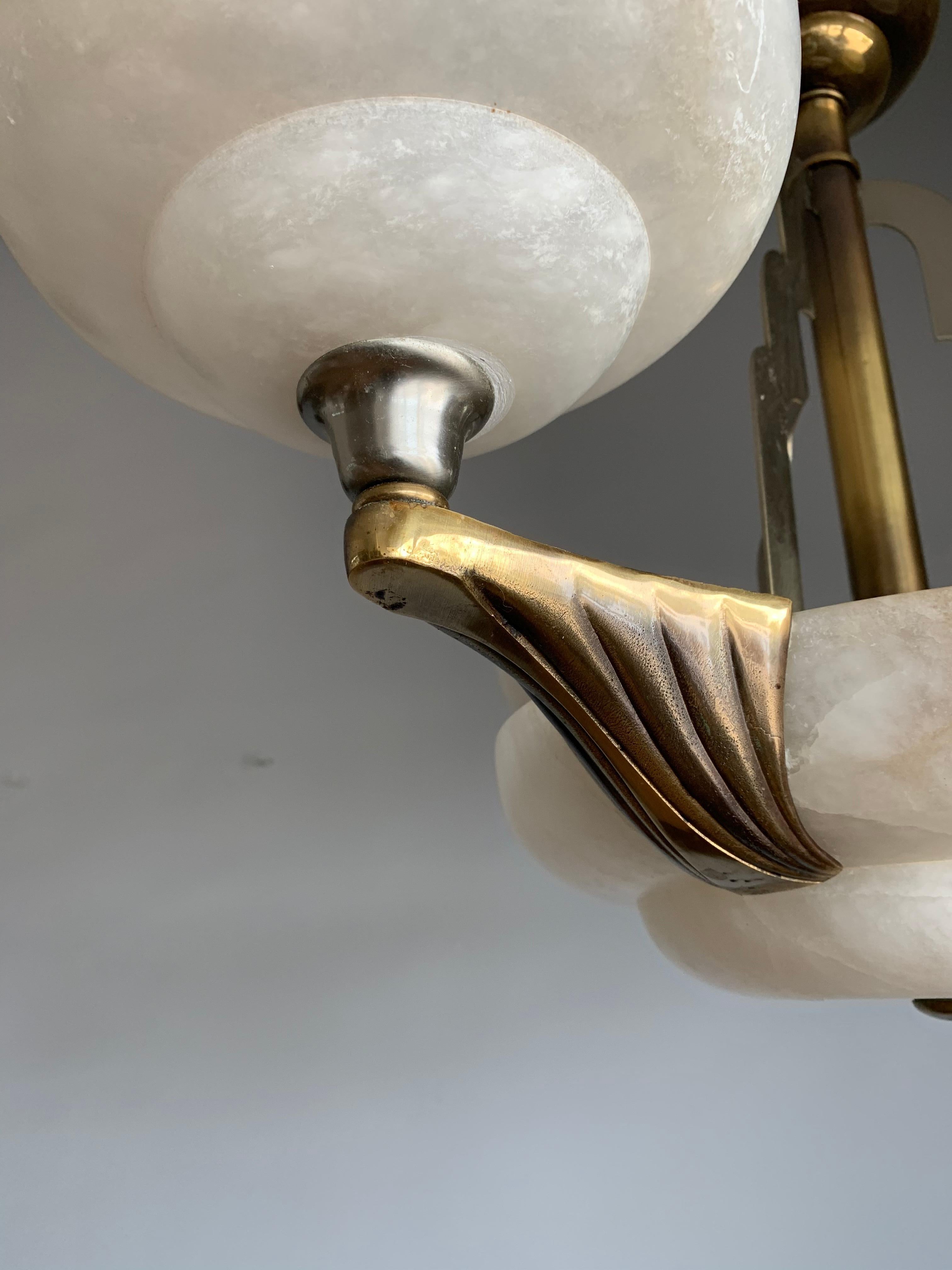 Art Deco Style White Alabaster & Gold Color Coated Bronze & Brass Pendant Light  In Excellent Condition In Lisse, NL