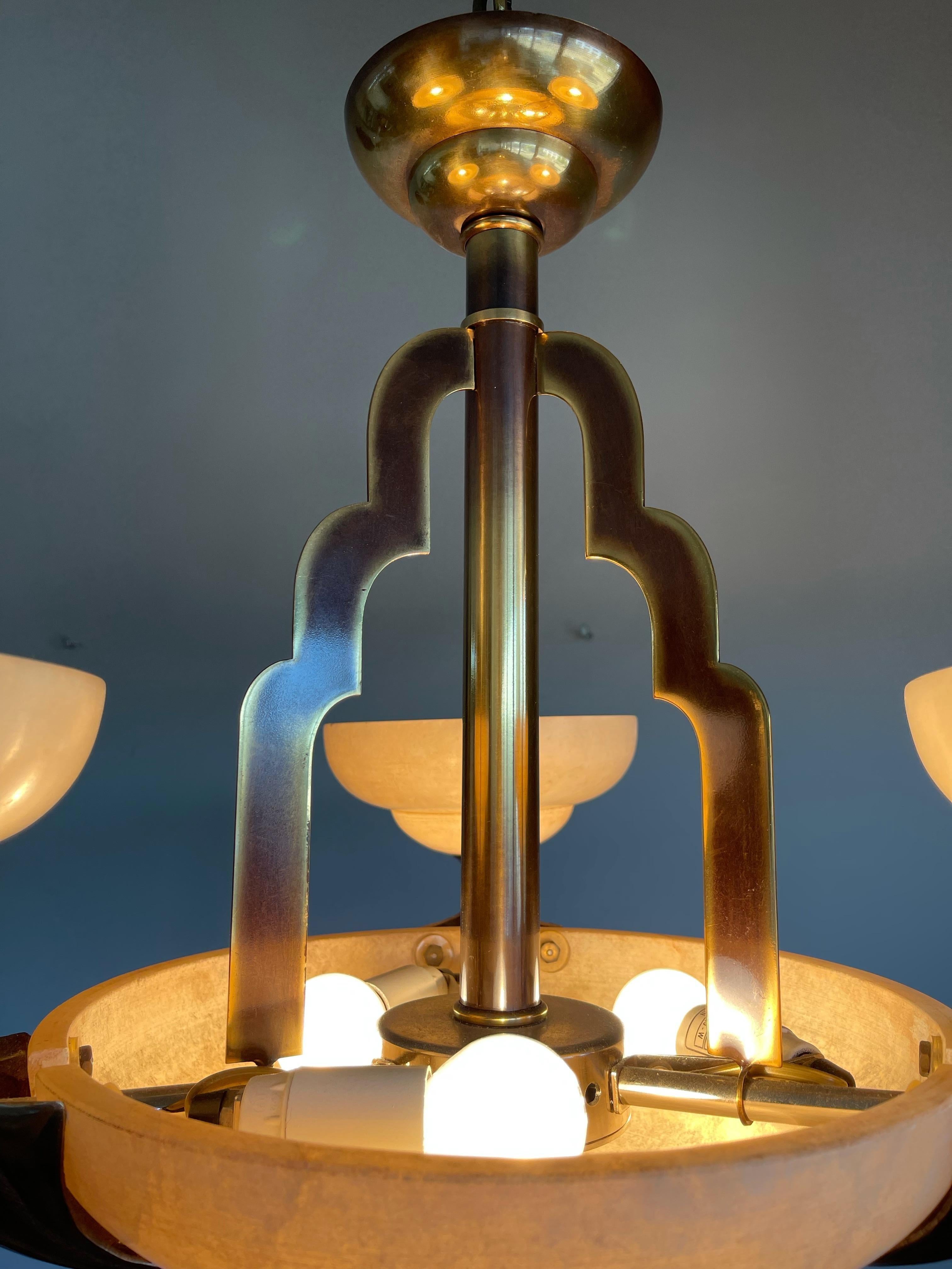 20th Century Art Deco Style White Alabaster & Gold Color Coated Bronze & Brass Pendant Light 