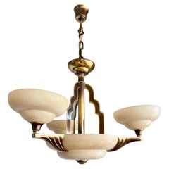 Art Deco Style White Alabaster & Gold Color Coated Bronze & Brass Pendant Light 