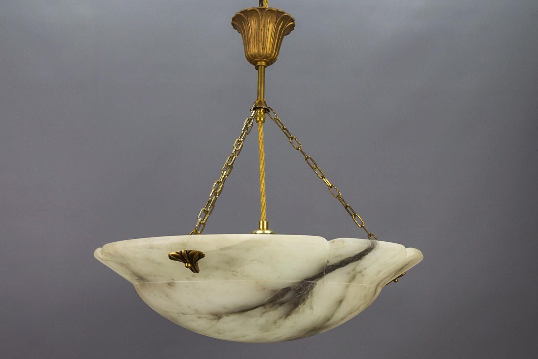 Art Deco Style White and Black Alabaster and Brass Pendant Light 8