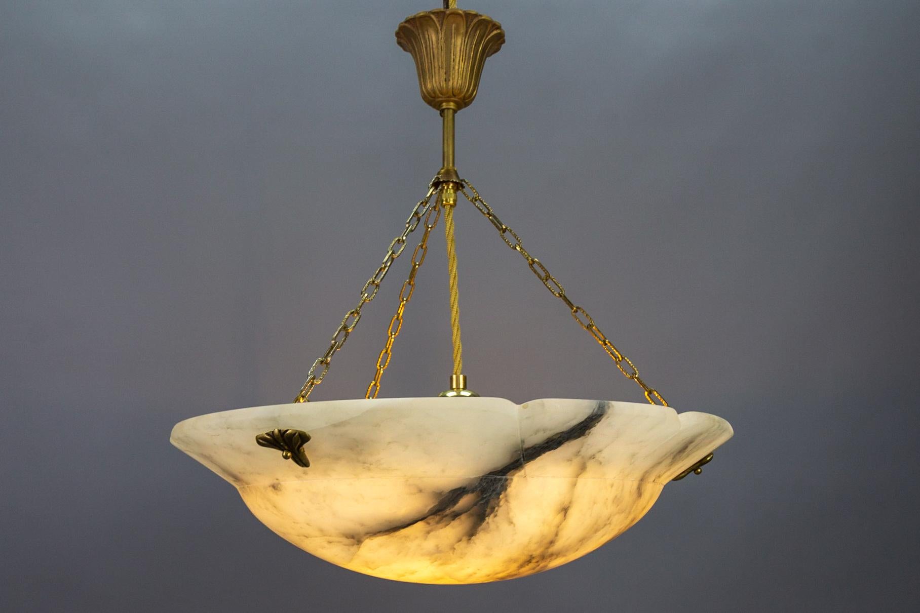 Art Deco Style White and Black Alabaster and Brass Pendant Light 9