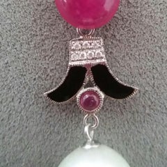 Art Deco Style White Baroque Pearls Ruby Cab Black Enamel Gold Diamonds Earrings