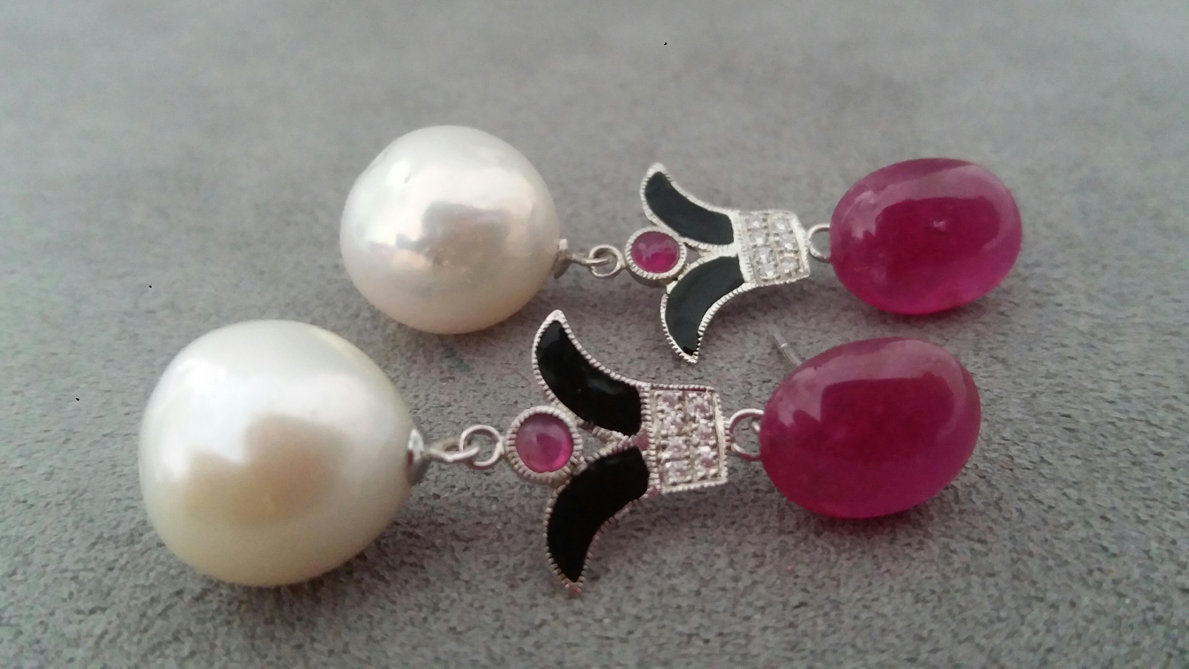 Cabochon Art Deco Style White Baroque Pearls Ruby Cab Black Enamel Gold Diamonds Earrings For Sale