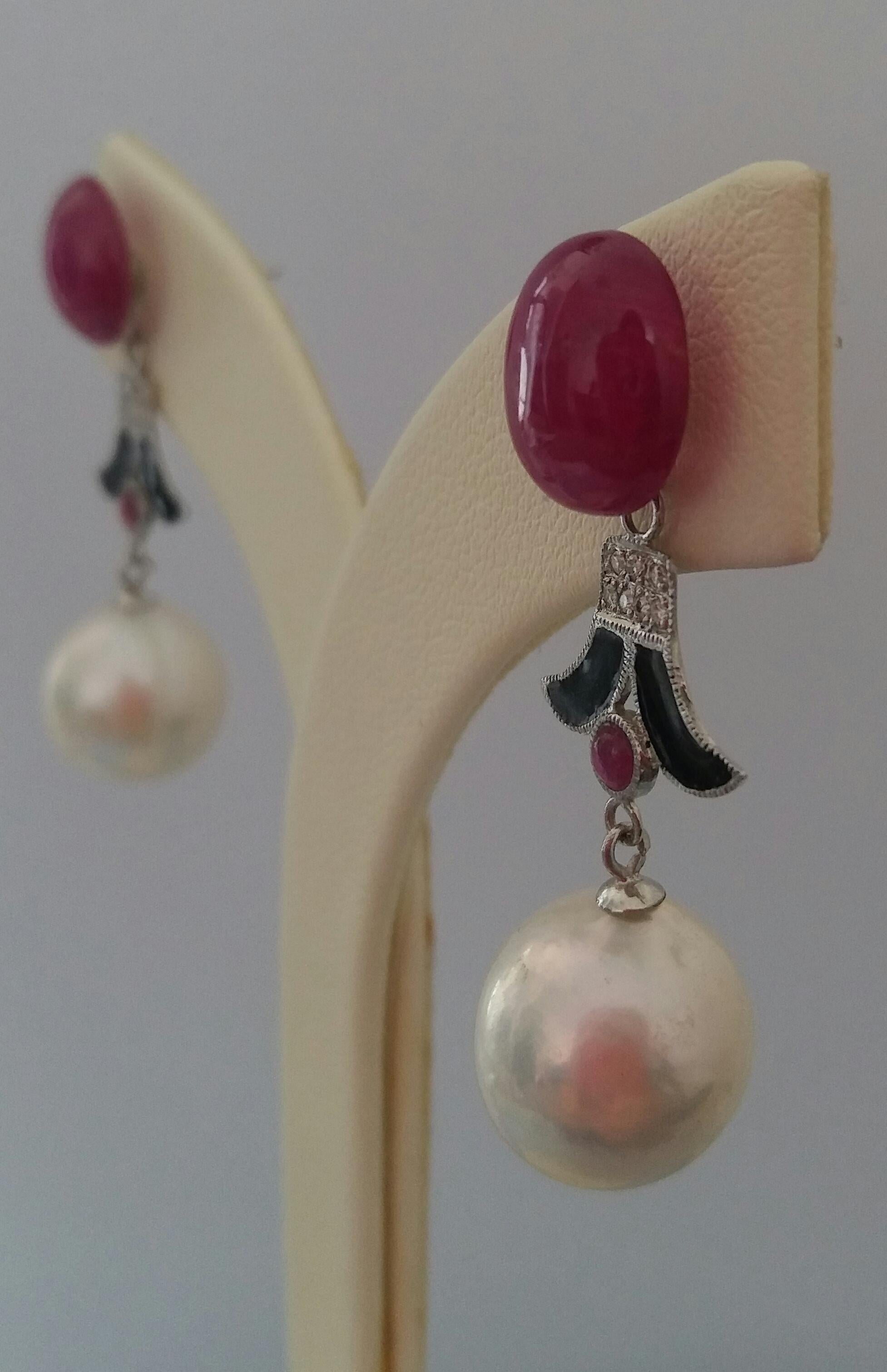 Women's Art Deco Style White Baroque Pearls Ruby Cab Black Enamel Gold Diamonds Earrings For Sale