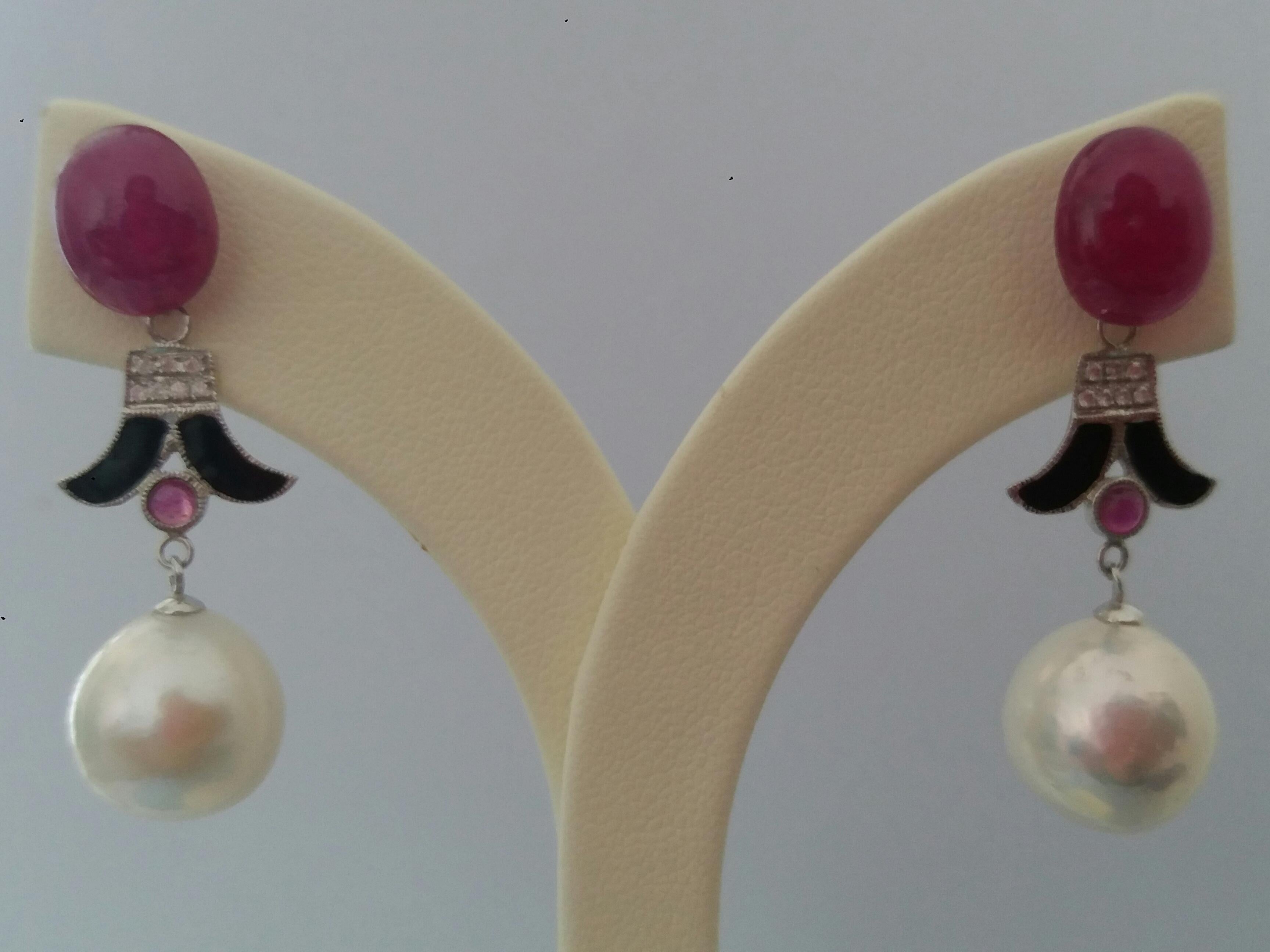 Art Deco Style White Baroque Pearls Ruby Cab Black Enamel Gold Diamonds Earrings For Sale 1