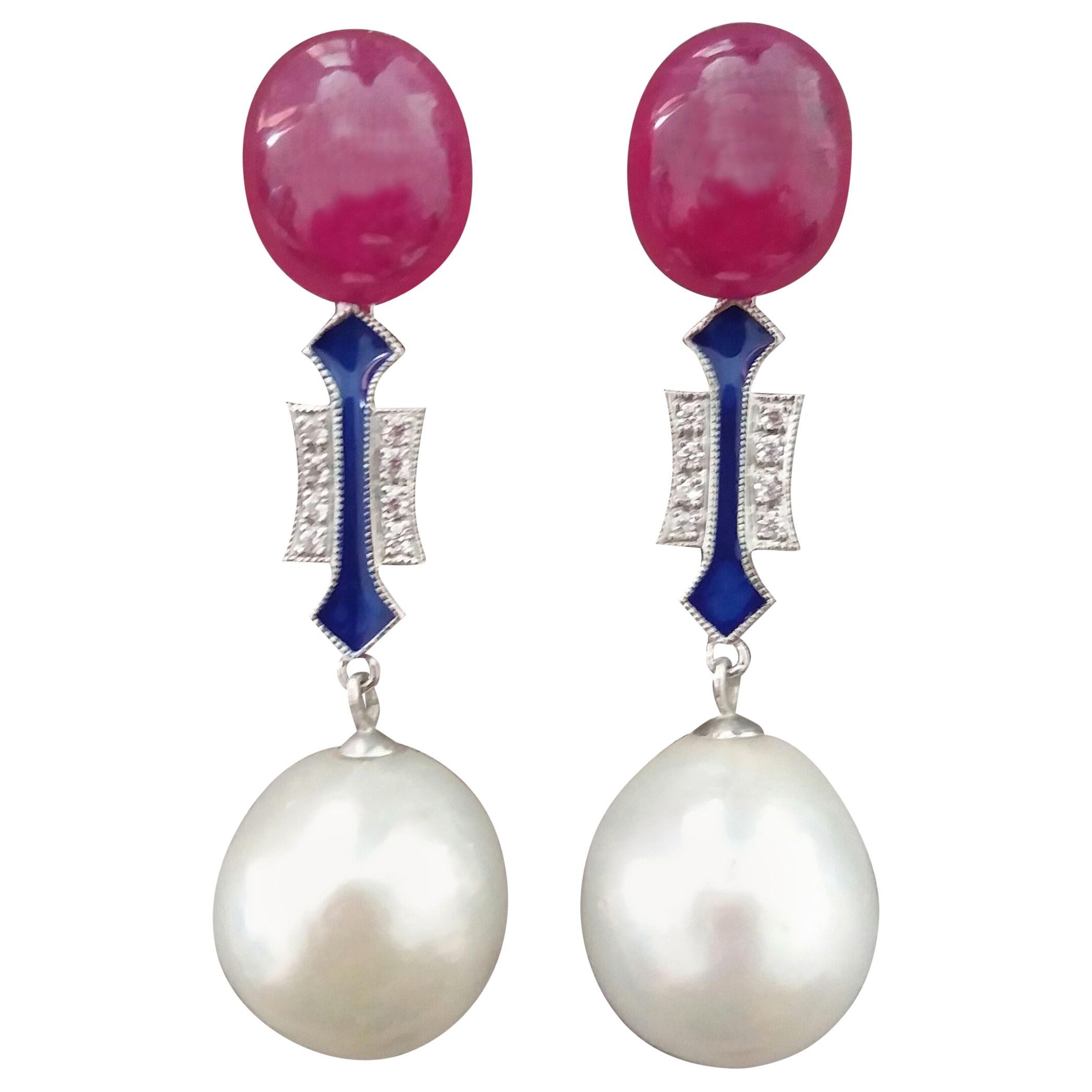 Art Deco Style White Baroque Pearls Ruby Cabs Gold Diamonds Blue Enamel Earrings