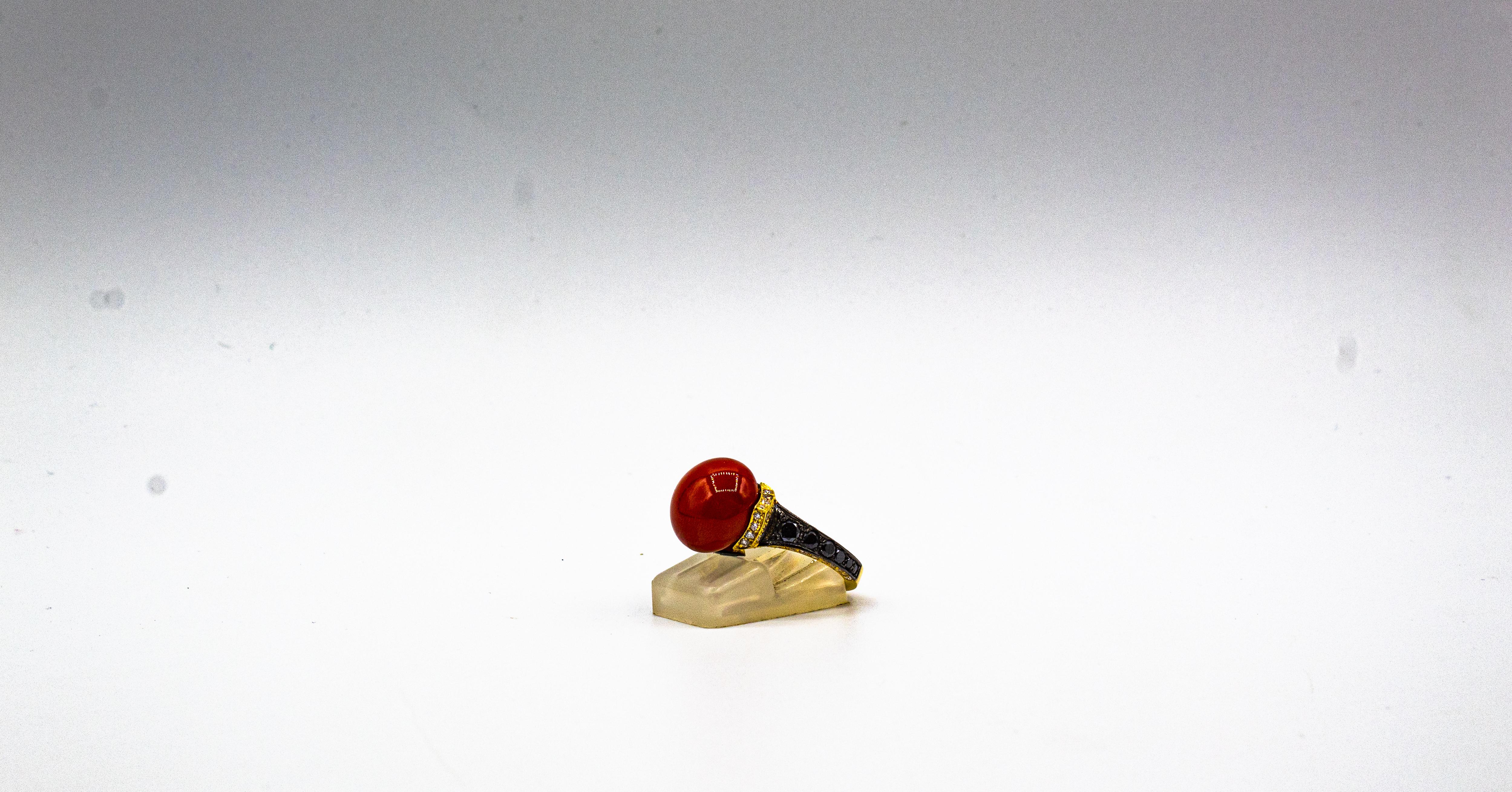 Art Deco Style White Black Diamond Mediterranean Coral Yellow Gold Cocktail Ring For Sale 6