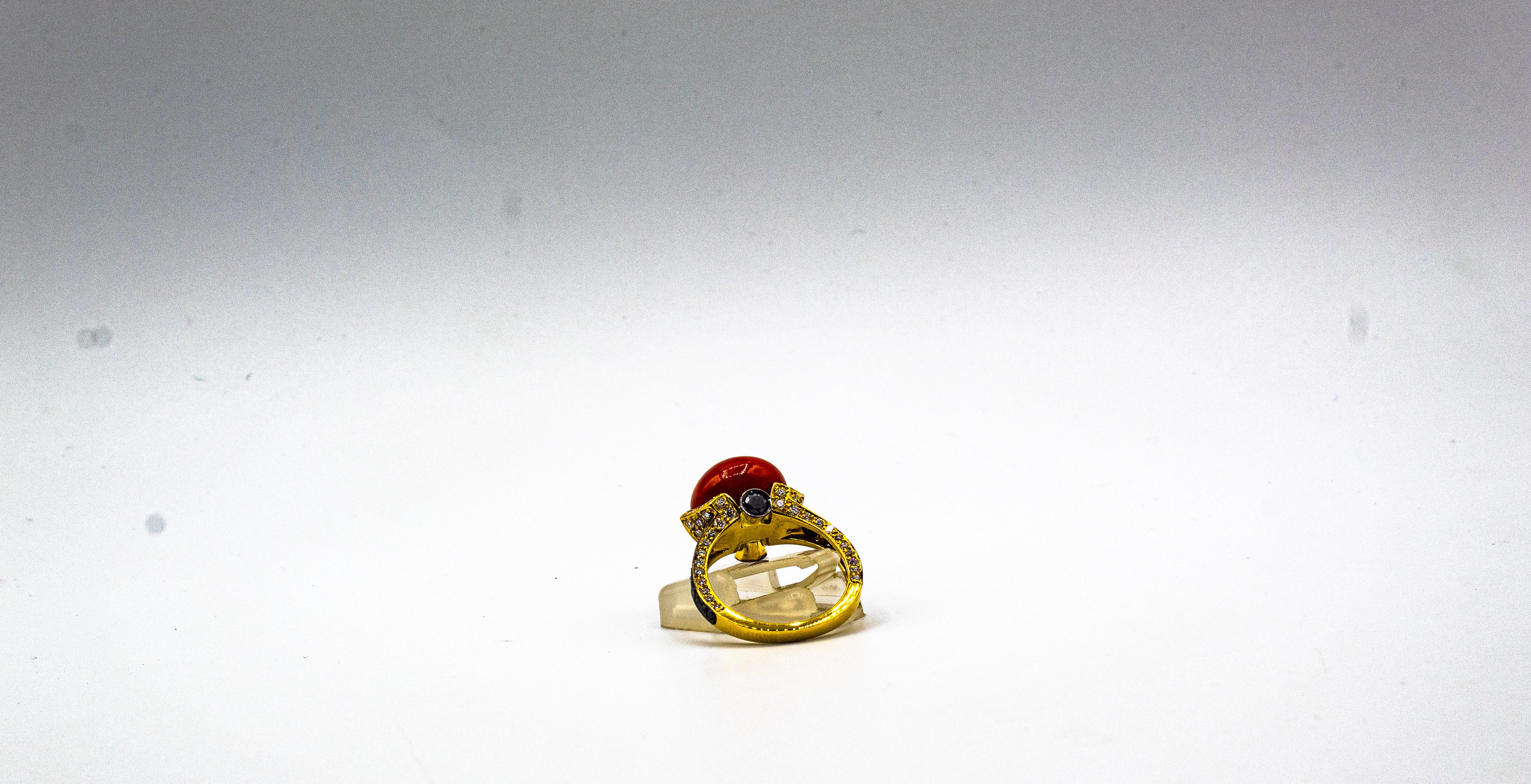 Art Deco Style White Black Diamond Mediterranean Coral Yellow Gold Cocktail Ring For Sale 7