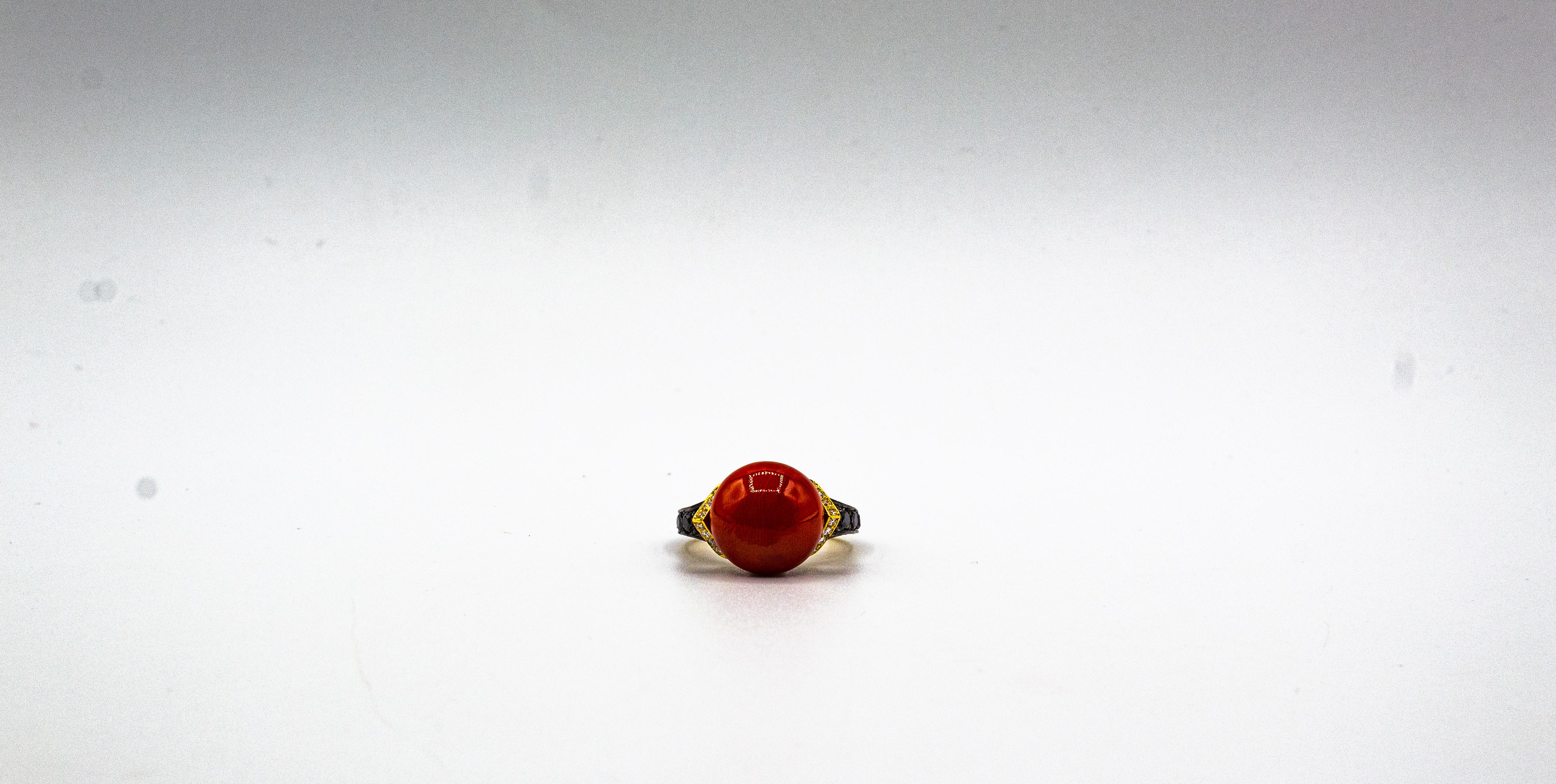 Art Deco Style White Black Diamond Mediterranean Coral Yellow Gold Cocktail Ring For Sale 8