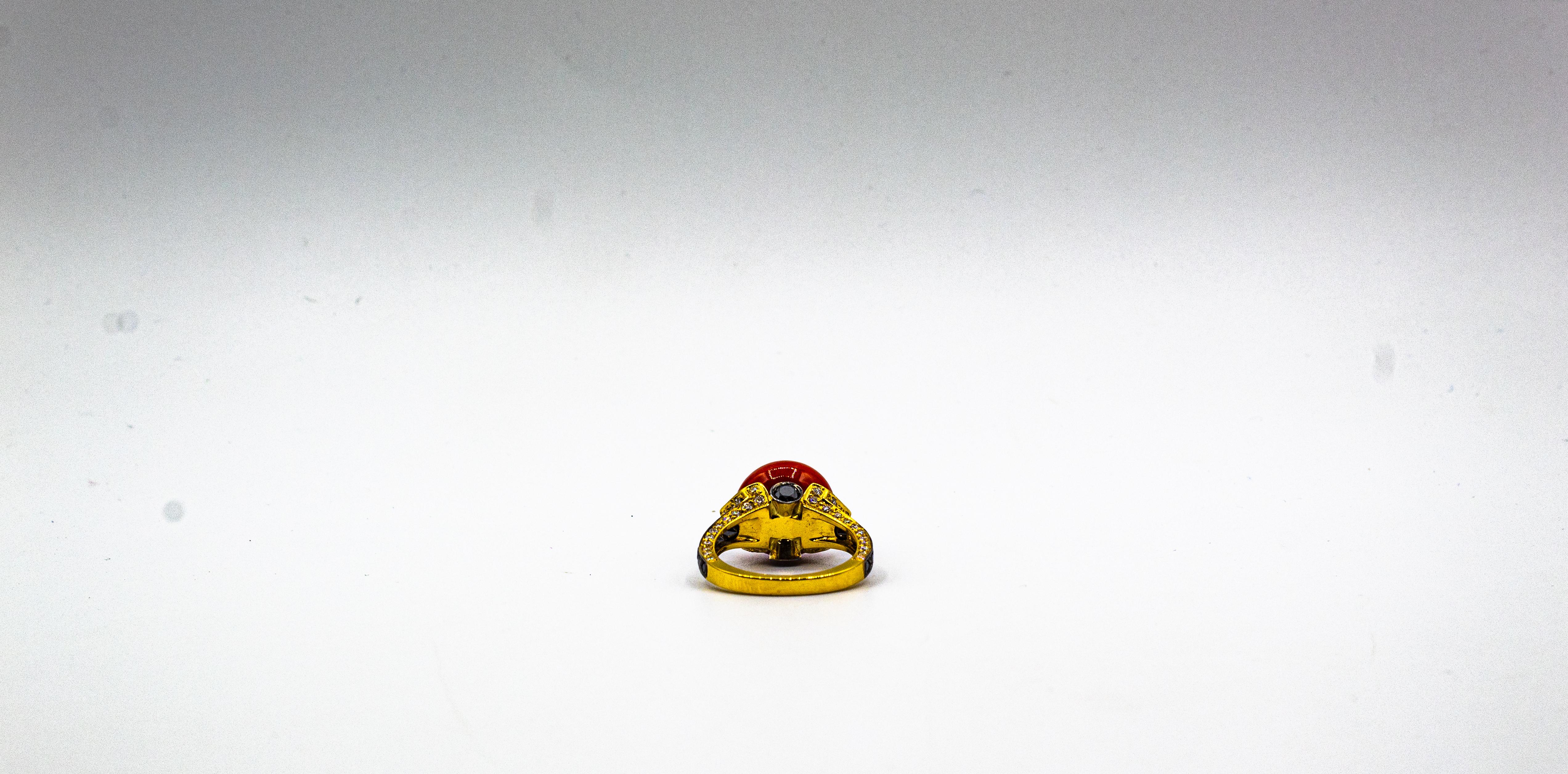 Art Deco Style White Black Diamond Mediterranean Coral Yellow Gold Cocktail Ring For Sale 10