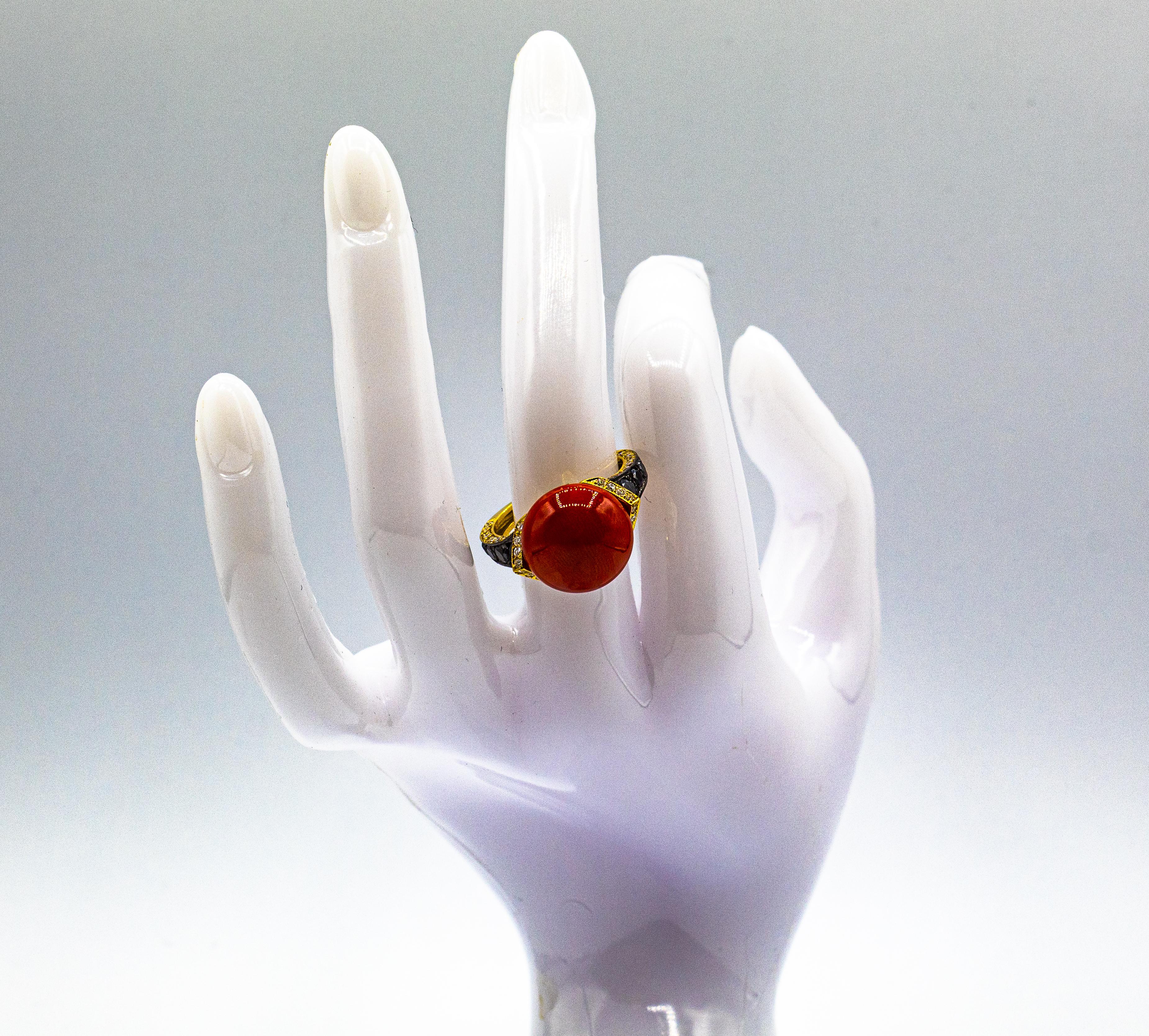 Art Deco Style White Black Diamond Mediterranean Coral Yellow Gold Cocktail Ring For Sale 12