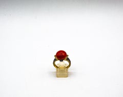 Art Deco Style White Black Diamond Mediterranean Coral Yellow Gold Cocktail Ring