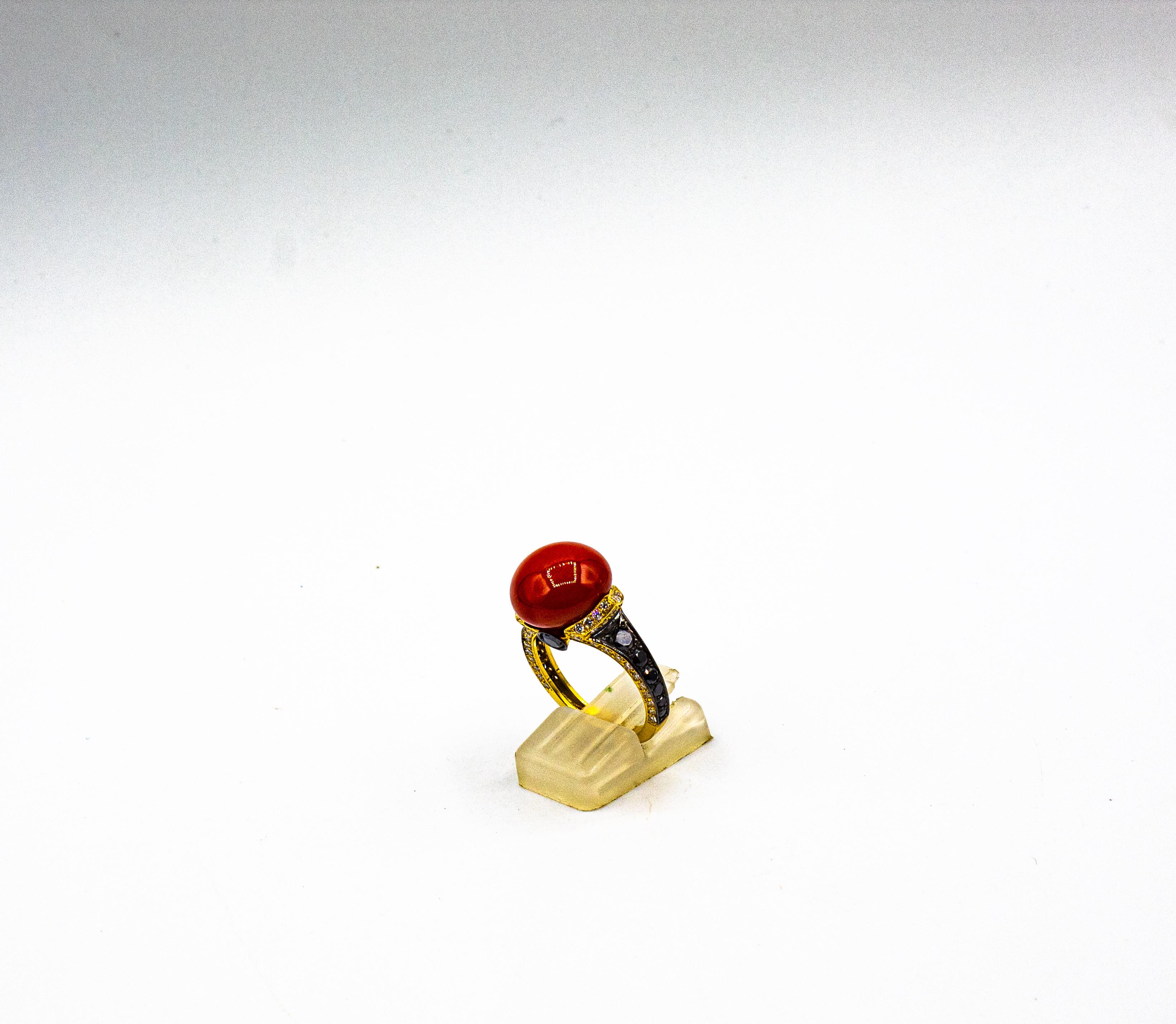 Art Deco Style White Black Diamond Mediterranean Coral Yellow Gold Cocktail Ring In New Condition In Naples, IT