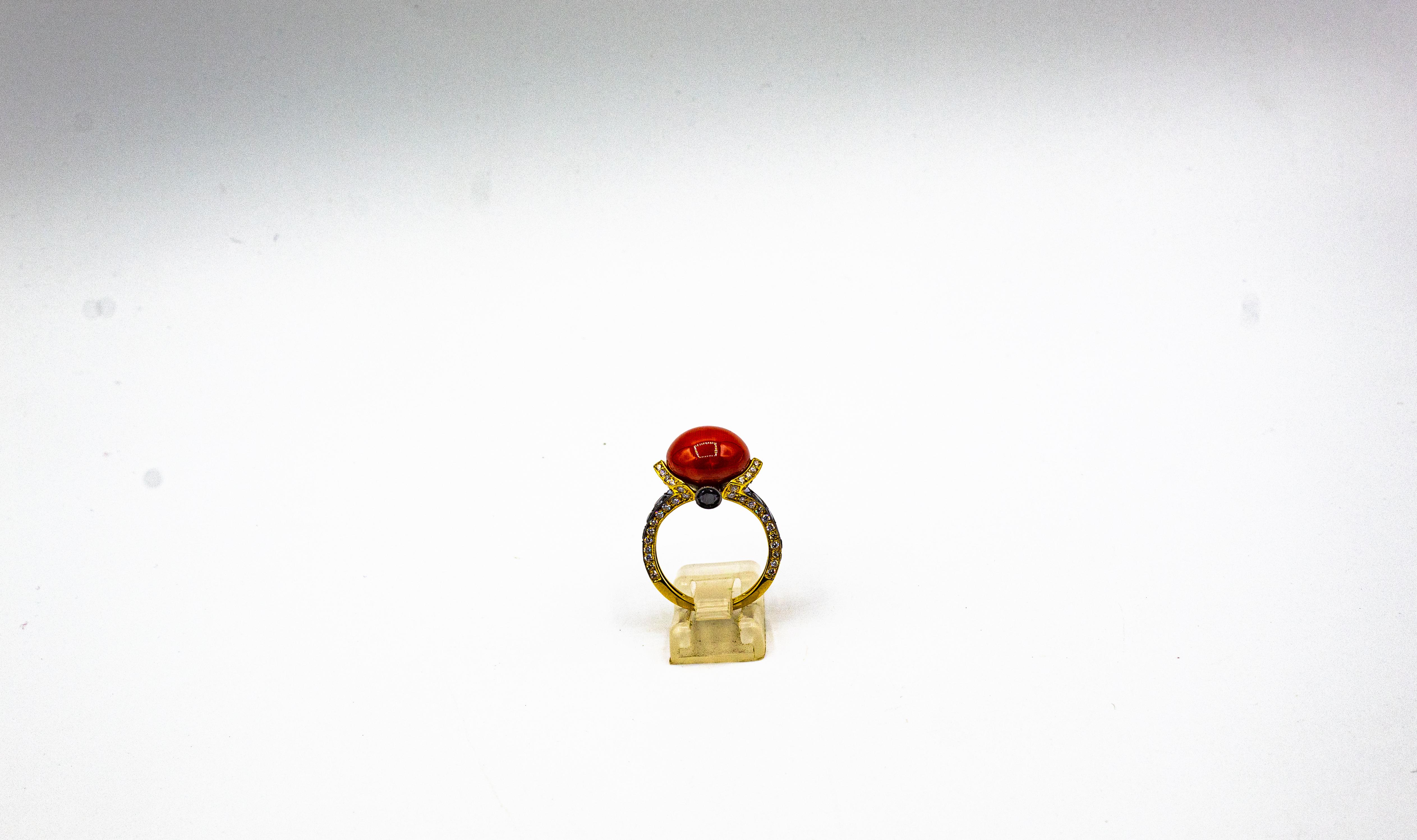 Art Deco Style White Black Diamond Mediterranean Coral Yellow Gold Cocktail Ring For Sale 1