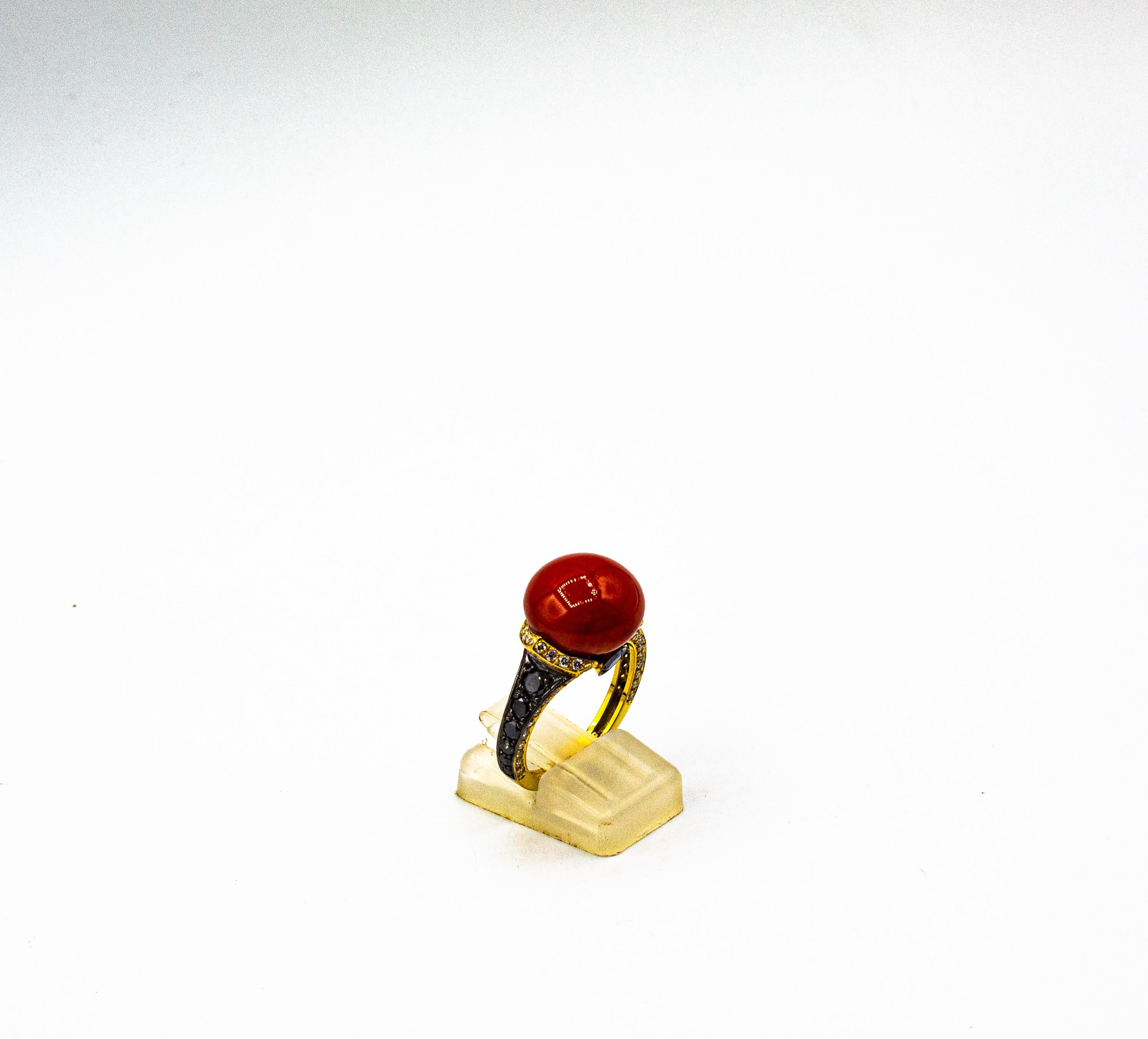 Art Deco Style White Black Diamond Mediterranean Coral Yellow Gold Cocktail Ring For Sale 2