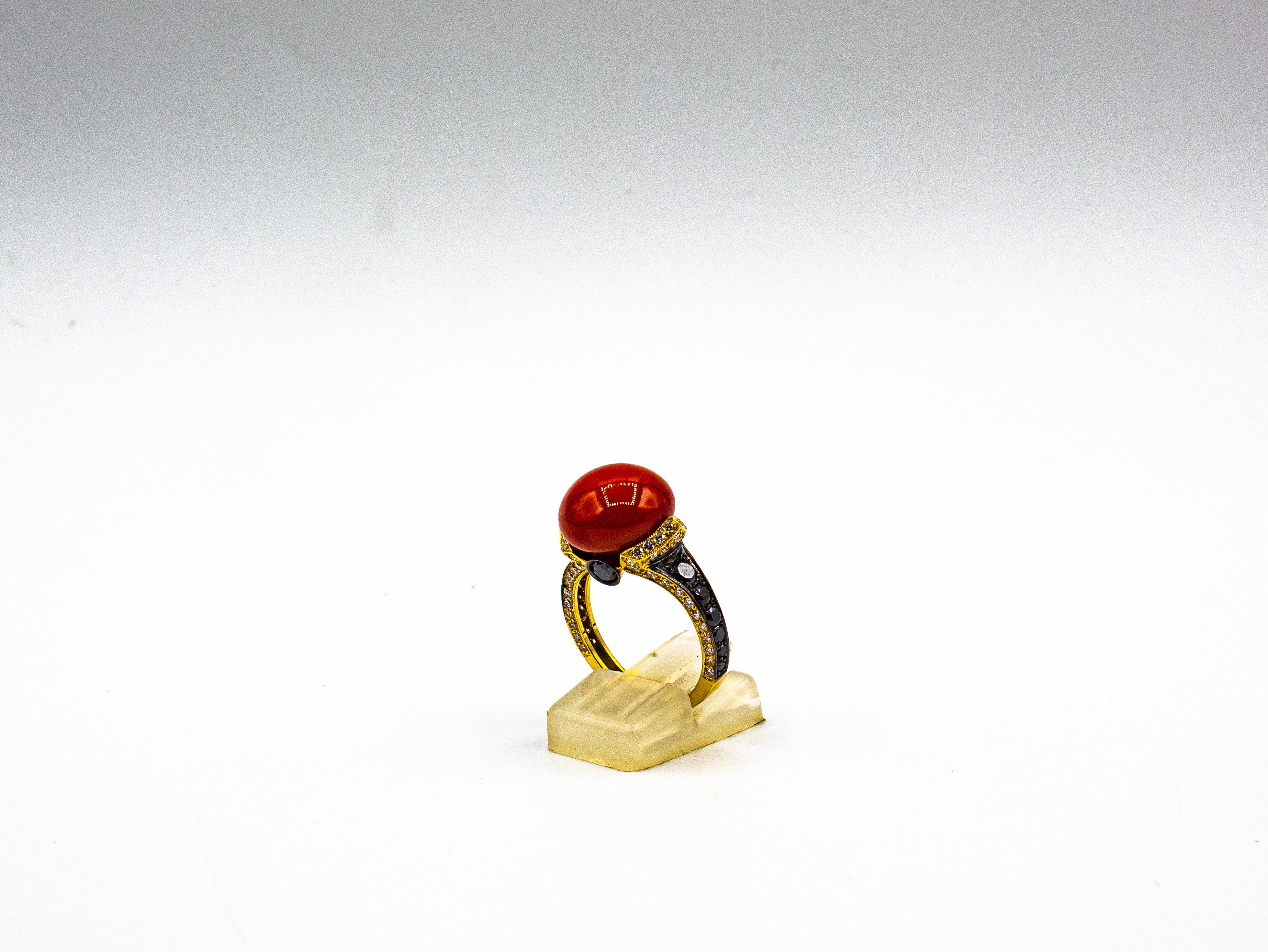 Art Deco Style White Black Diamond Mediterranean Coral Yellow Gold Cocktail Ring For Sale 3