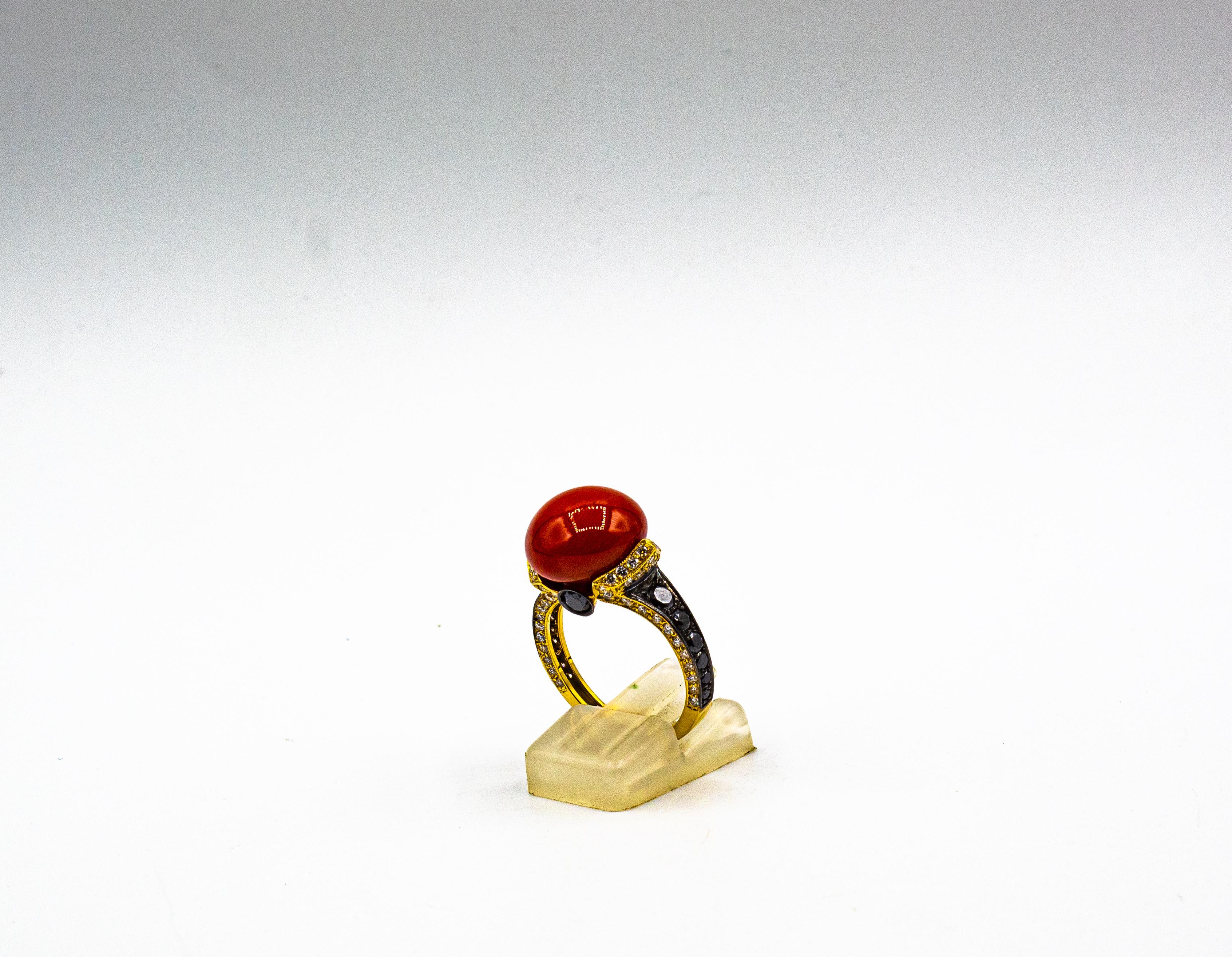 Art Deco Style White Black Diamond Mediterranean Coral Yellow Gold Cocktail Ring For Sale 4