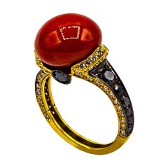 Art Deco Style White Black Diamond Mediterranean Coral Yellow Gold Cocktail Ring