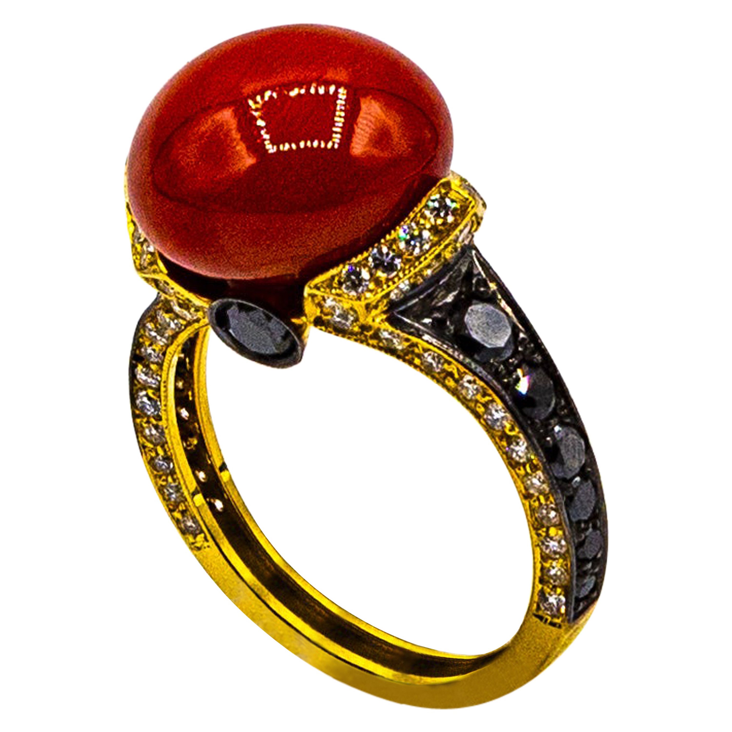 Art Deco Style White Black Diamond Mediterranean Coral Yellow Gold Cocktail Ring For Sale