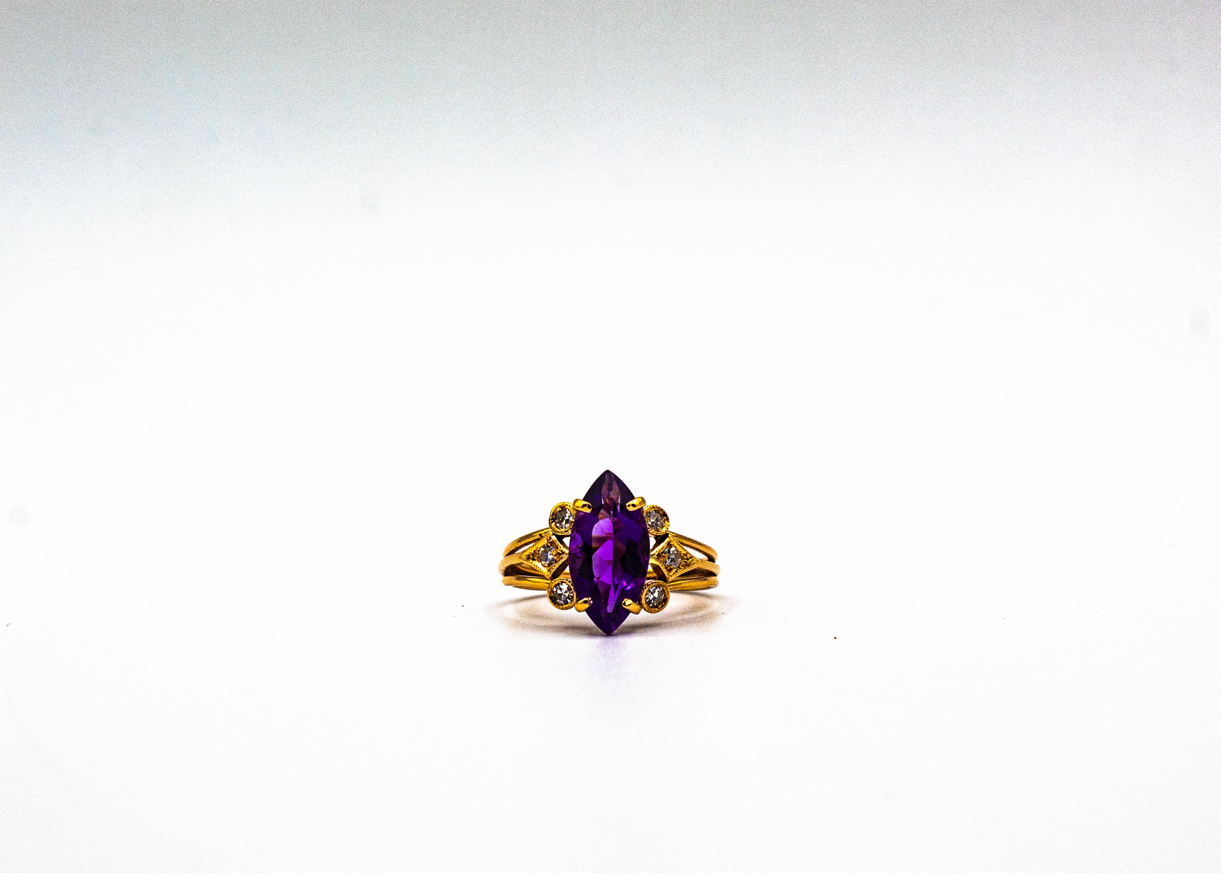 Bague cocktail en or jaune de style Art déco avec diamants blancs taille brillant et améthyste en vente 7