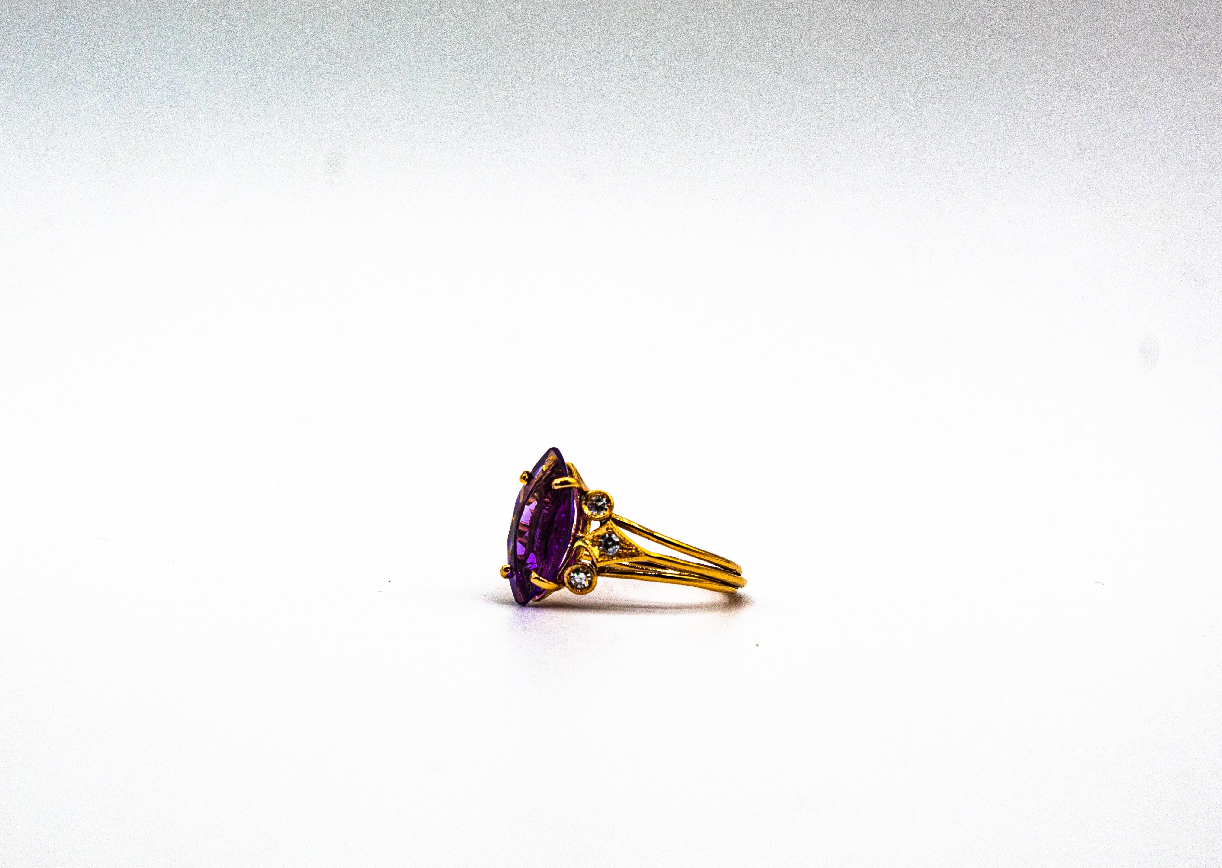 Art Deco Style White Brilliant Cut Diamond Amethyst Yellow Gold Cocktail Ring 9