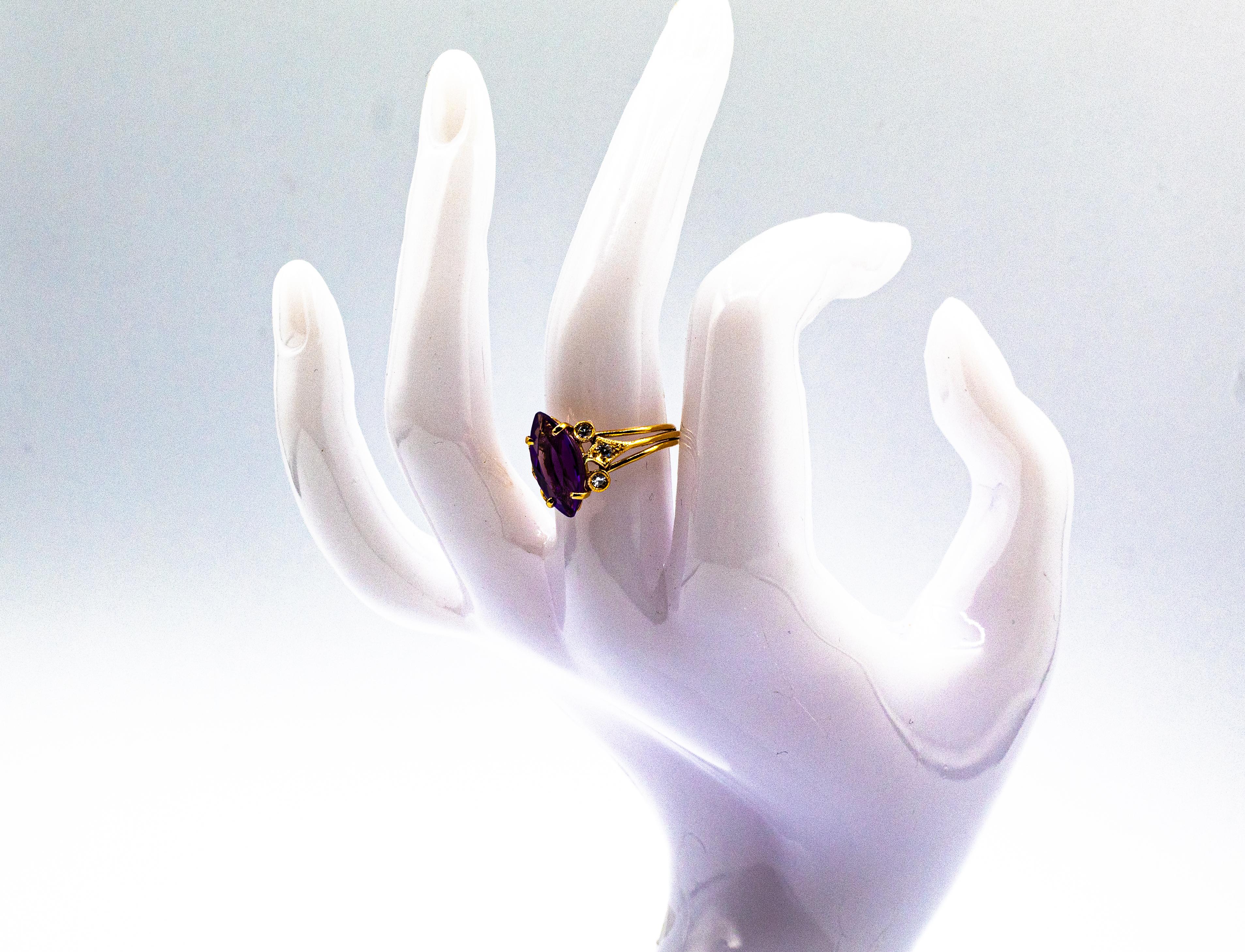 Art Deco Style White Brilliant Cut Diamond Amethyst Yellow Gold Cocktail Ring 14