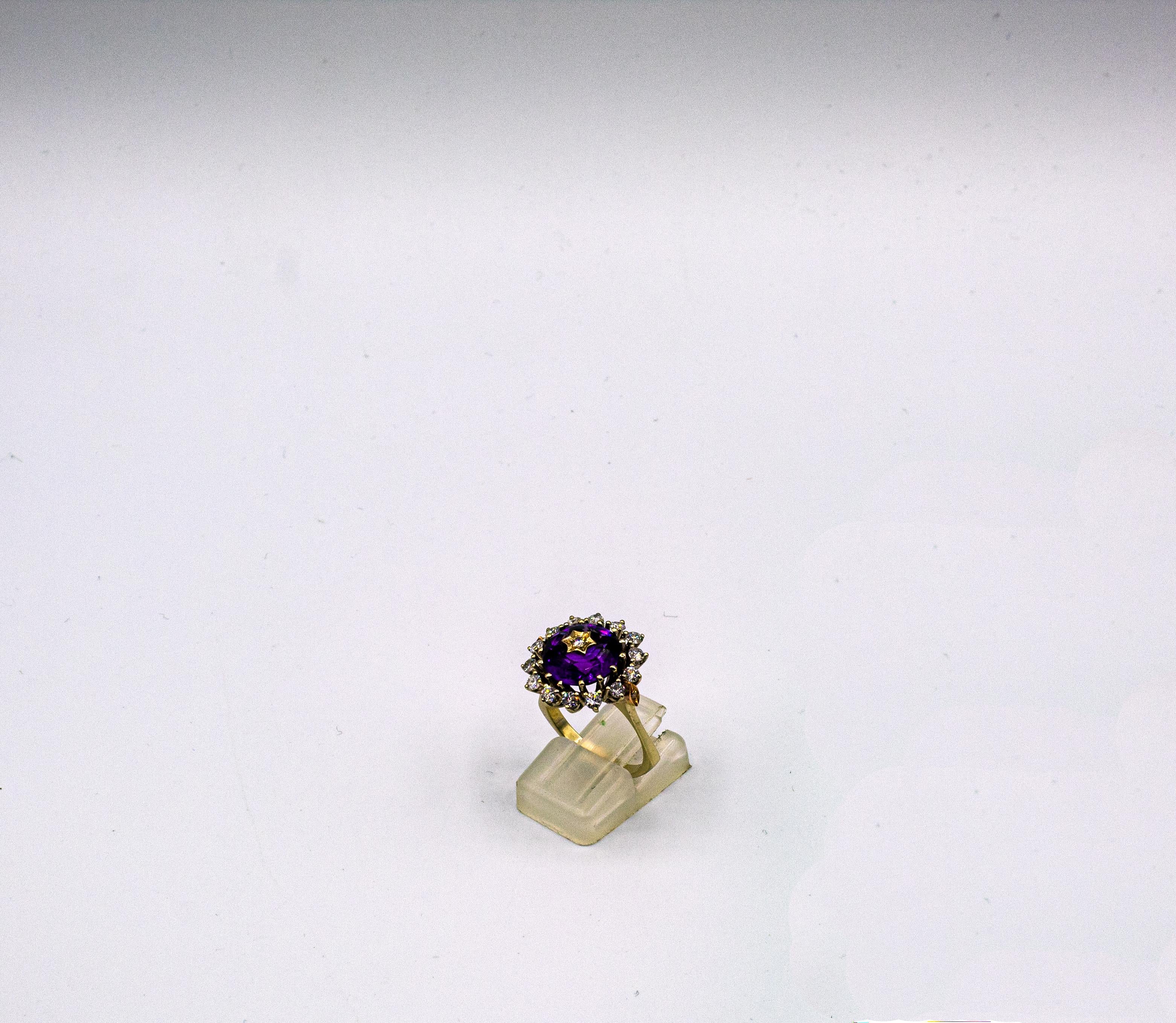 Art Deco Style White Brilliant Cut Diamond Amethyst Yellow Gold Cocktail Ring In New Condition For Sale In Naples, IT