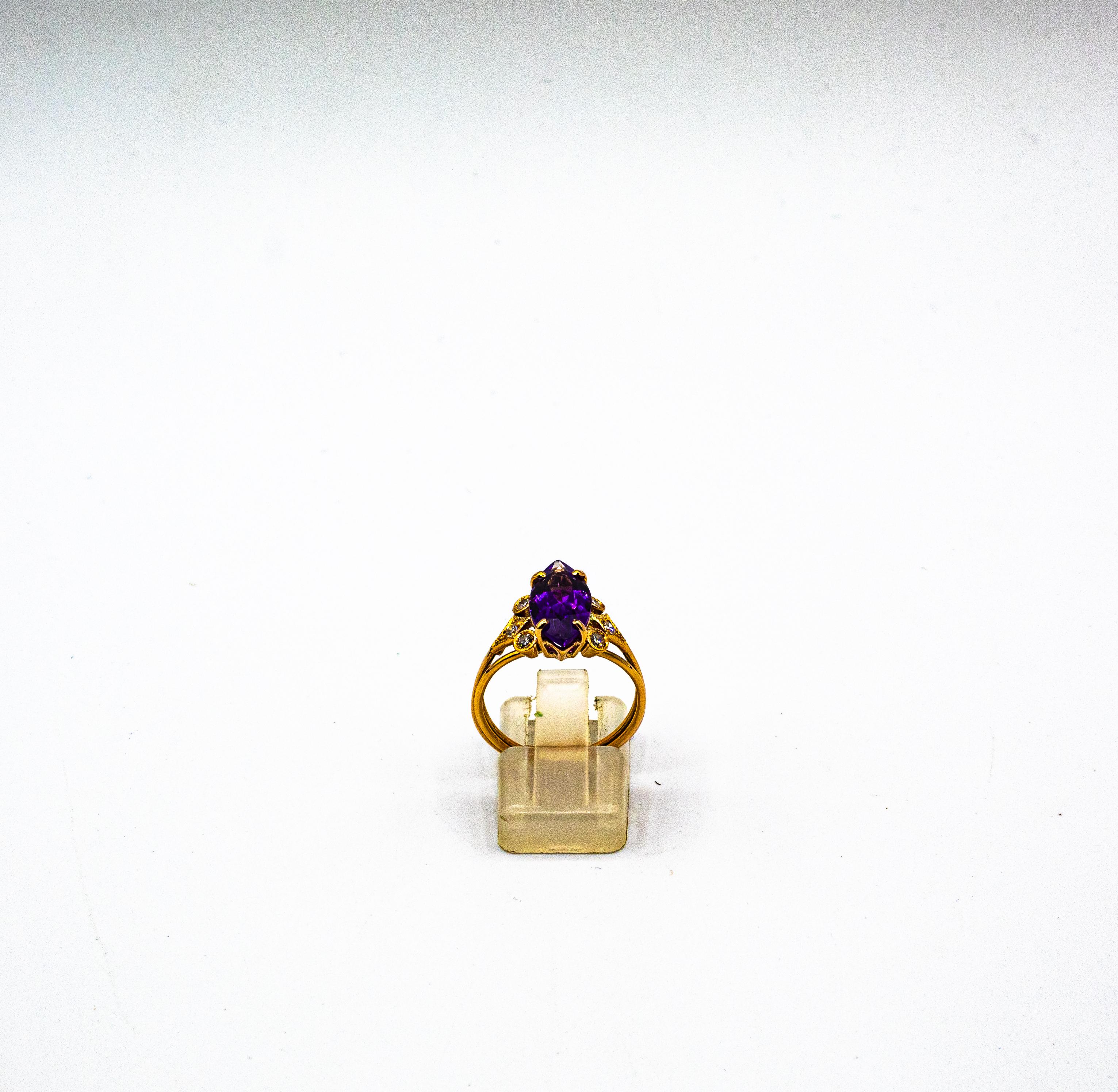 Art Deco Style White Brilliant Cut Diamond Amethyst Yellow Gold Cocktail Ring In New Condition In Naples, IT