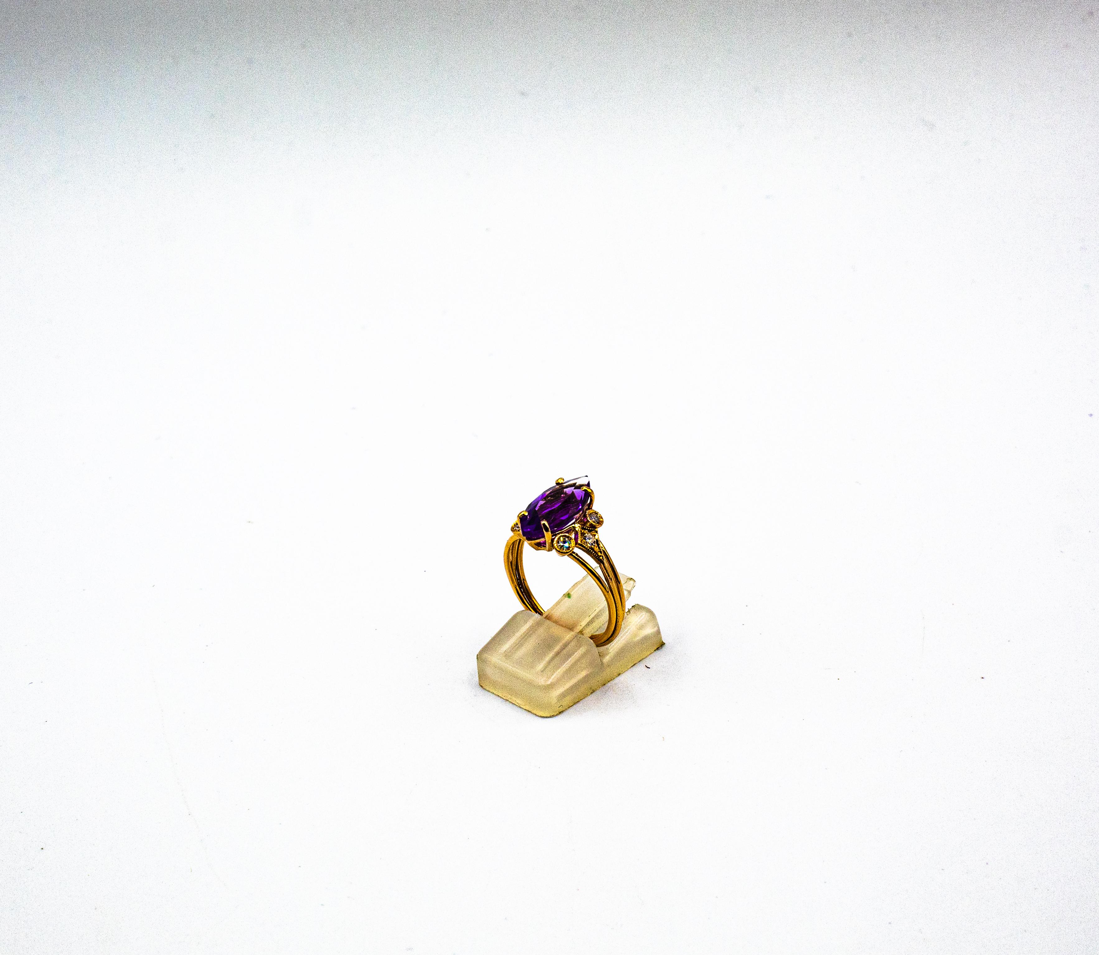 Women's or Men's Art Deco Style White Brilliant Cut Diamond Amethyst Yellow Gold Cocktail Ring For Sale