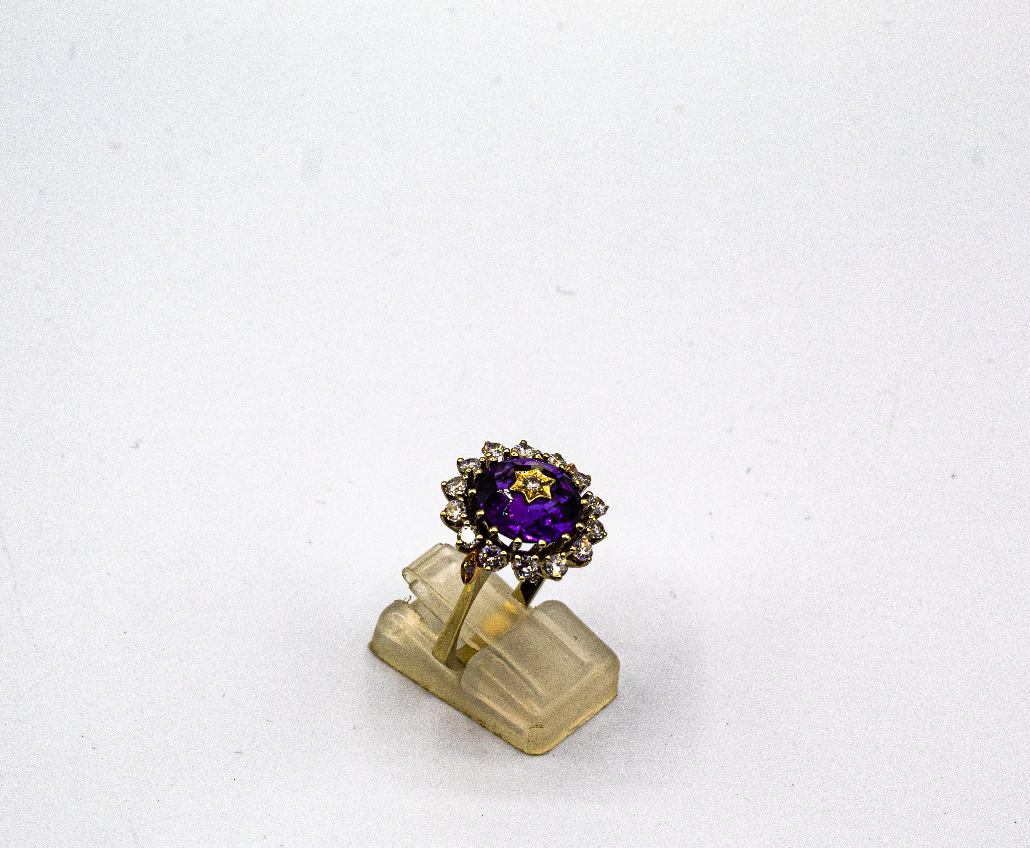 Art Deco Style White Brilliant Cut Diamond Amethyst Yellow Gold Cocktail Ring For Sale 2