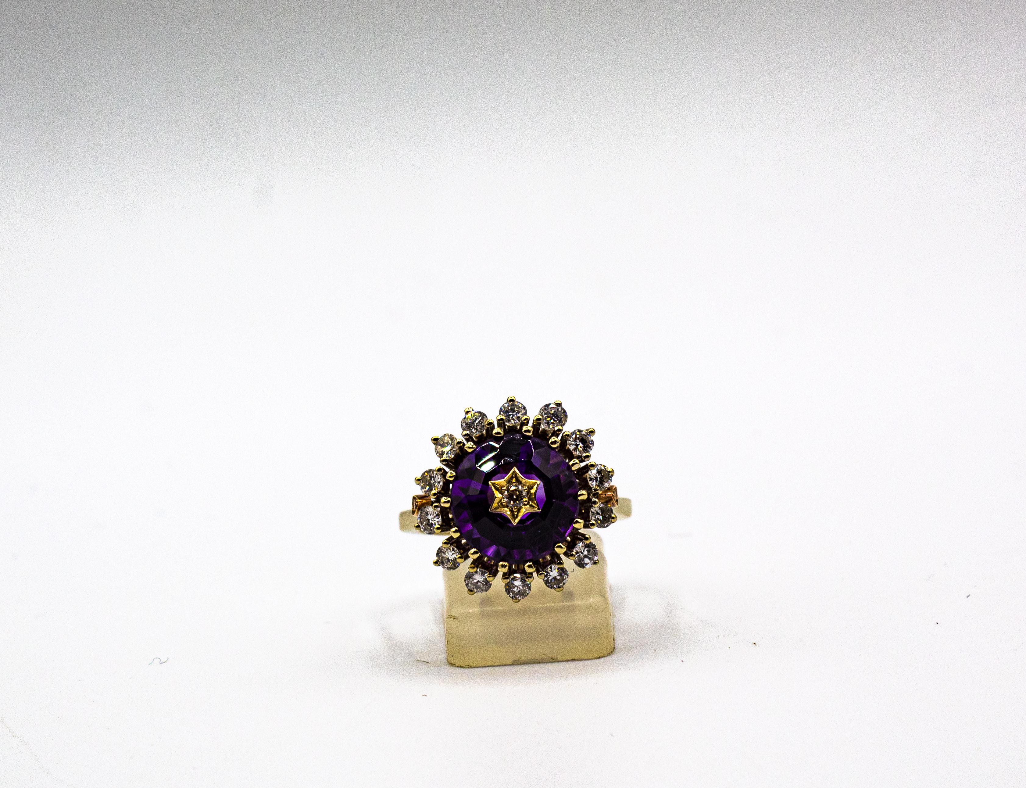 Art Deco Style White Brilliant Cut Diamond Amethyst Yellow Gold Cocktail Ring For Sale 3