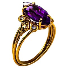 Art Deco Style White Brilliant Cut Diamond Amethyst Yellow Gold Cocktail Ring