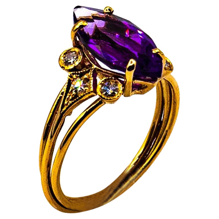 Art Deco Style White Brilliant Cut Diamond Amethyst Yellow Gold Cocktail Ring For Sale
