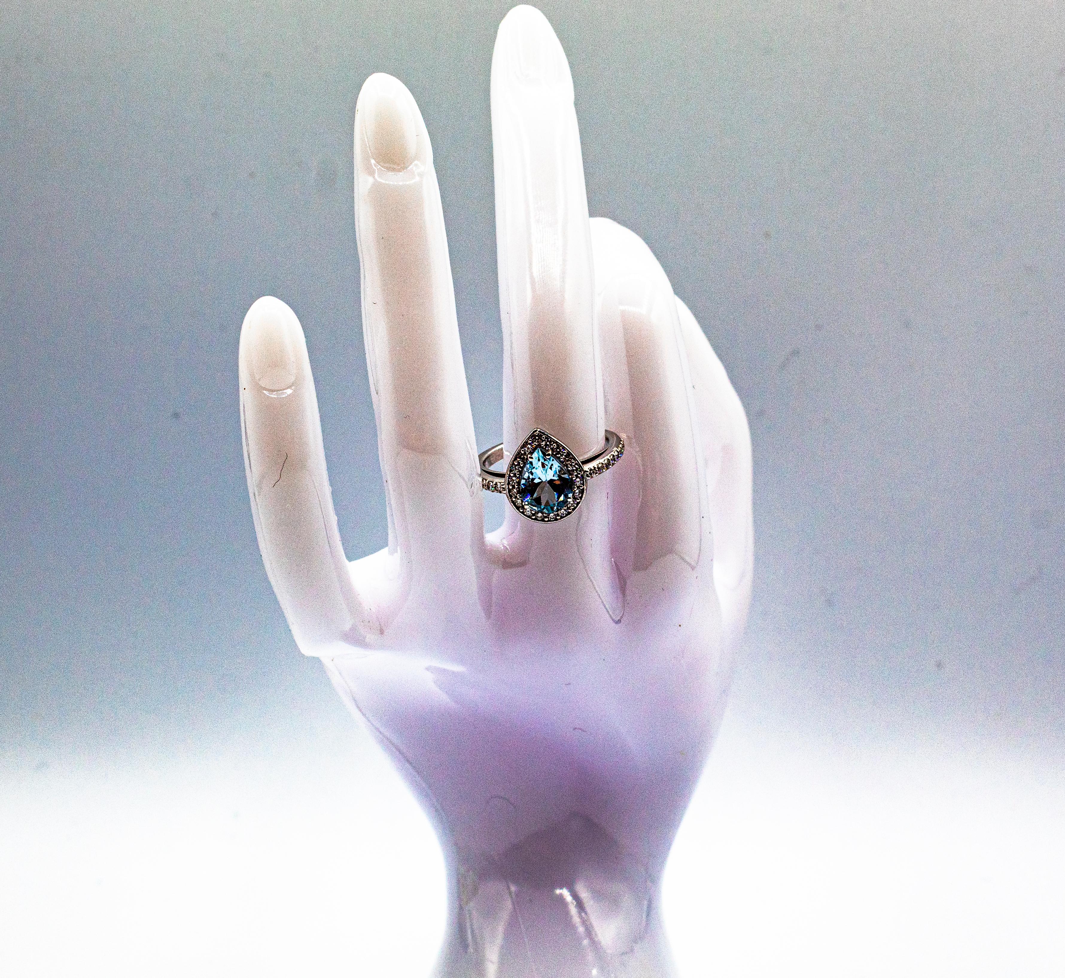 Bague de cocktail en or blanc de style Art déco, diamant taille brillant, aigue-marine en vente 6